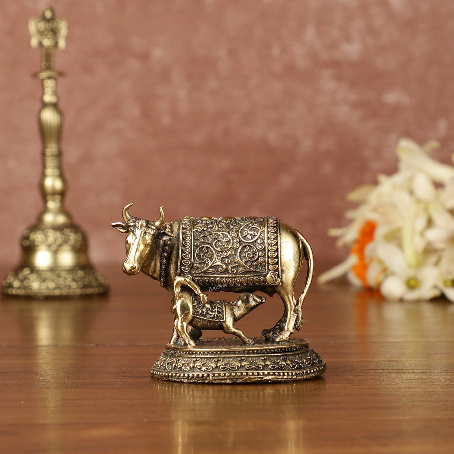 Brass superfine small Kamdhenu Cow with Calf Idol - 2" Tall