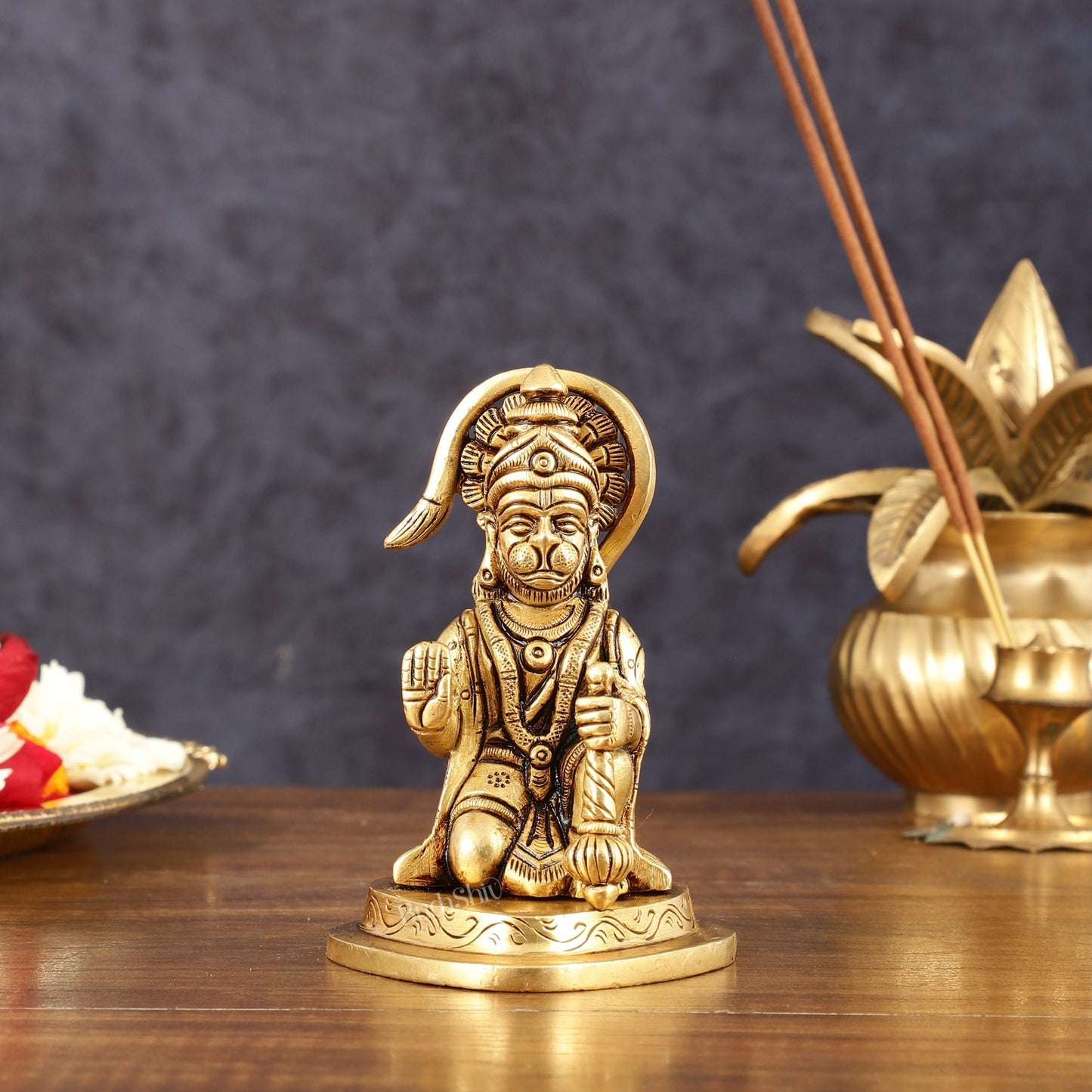 Pure Brass Small Blessing Hanuman Idol - 4" Height - Sama Homes Idol - Brass Sculpture