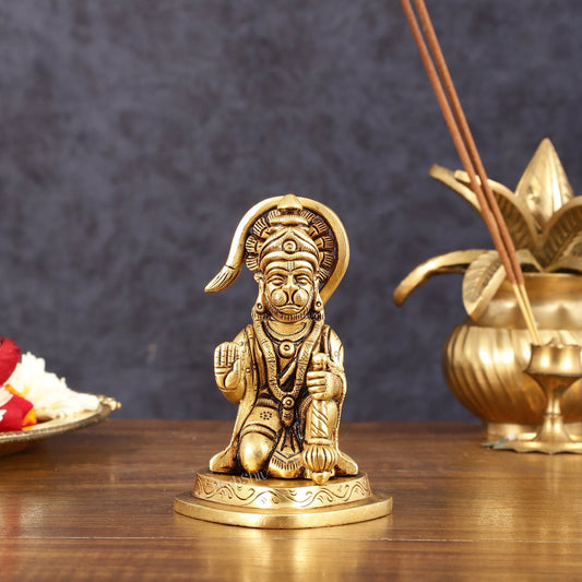 Pure Brass Small Blessing Hanuman Idol - 4" Height - Sama Homes Idol - Brass Sculpture