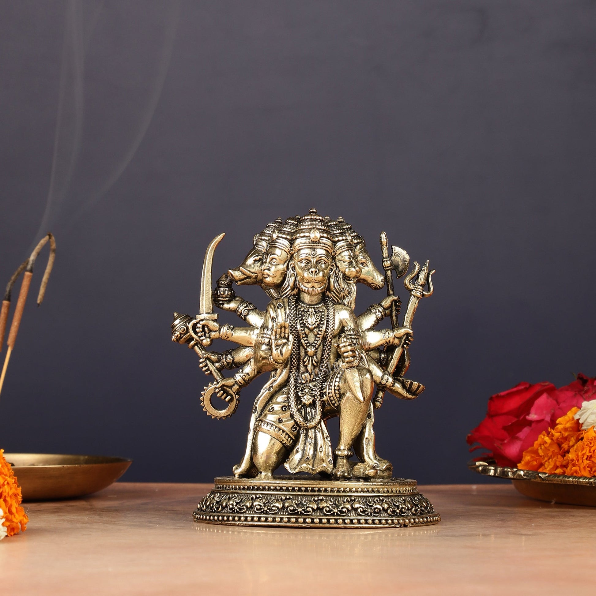 Pure Brass Panchmukhi Hanuman Idol - 4.5 inch - Sama Homes Idol - Brass Sculpture - Eco-friendly - Sama Homes