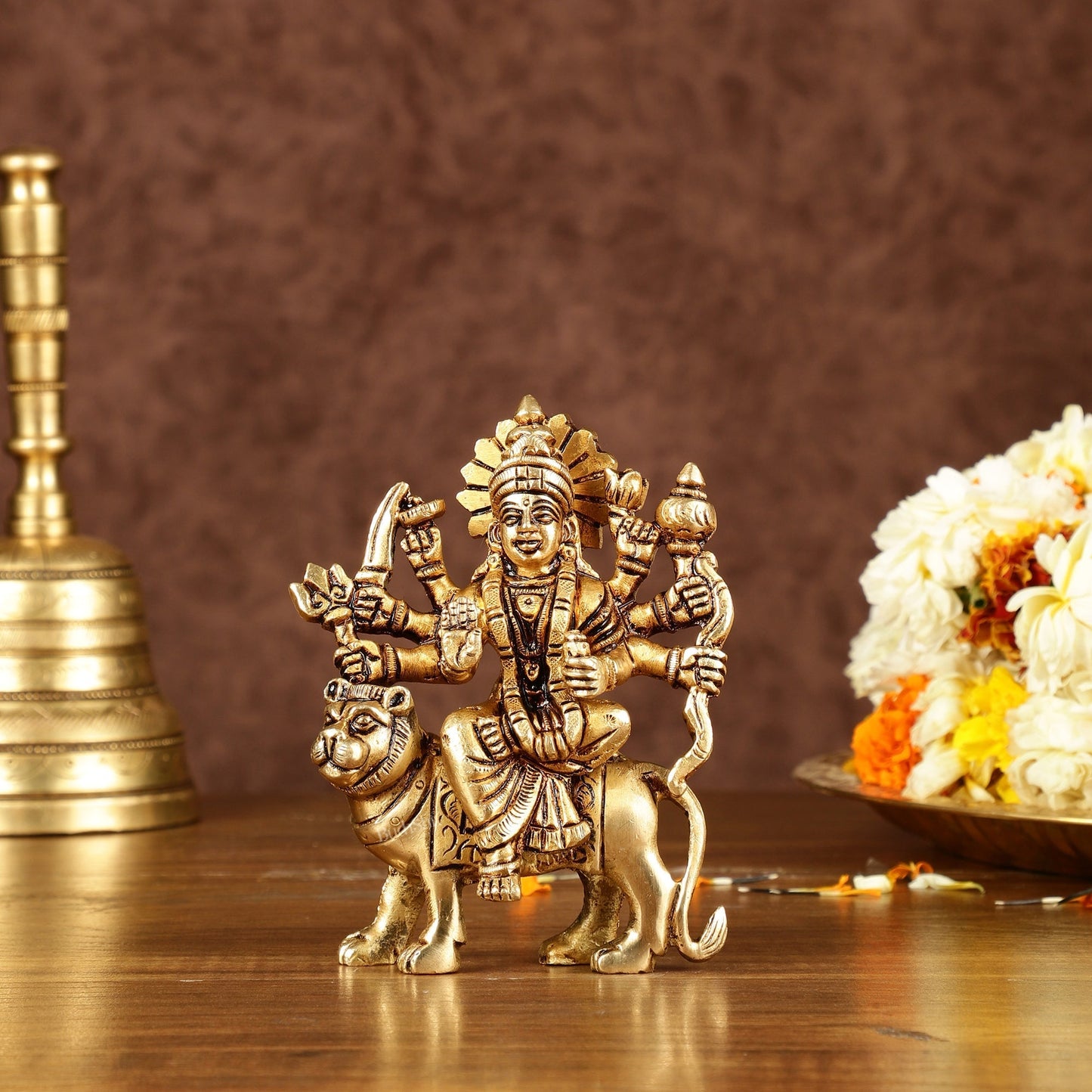 Brass superfine goddess Durga on lion sherawali mata small idol 5" - Sama Homes Idol - Brass Sculpture