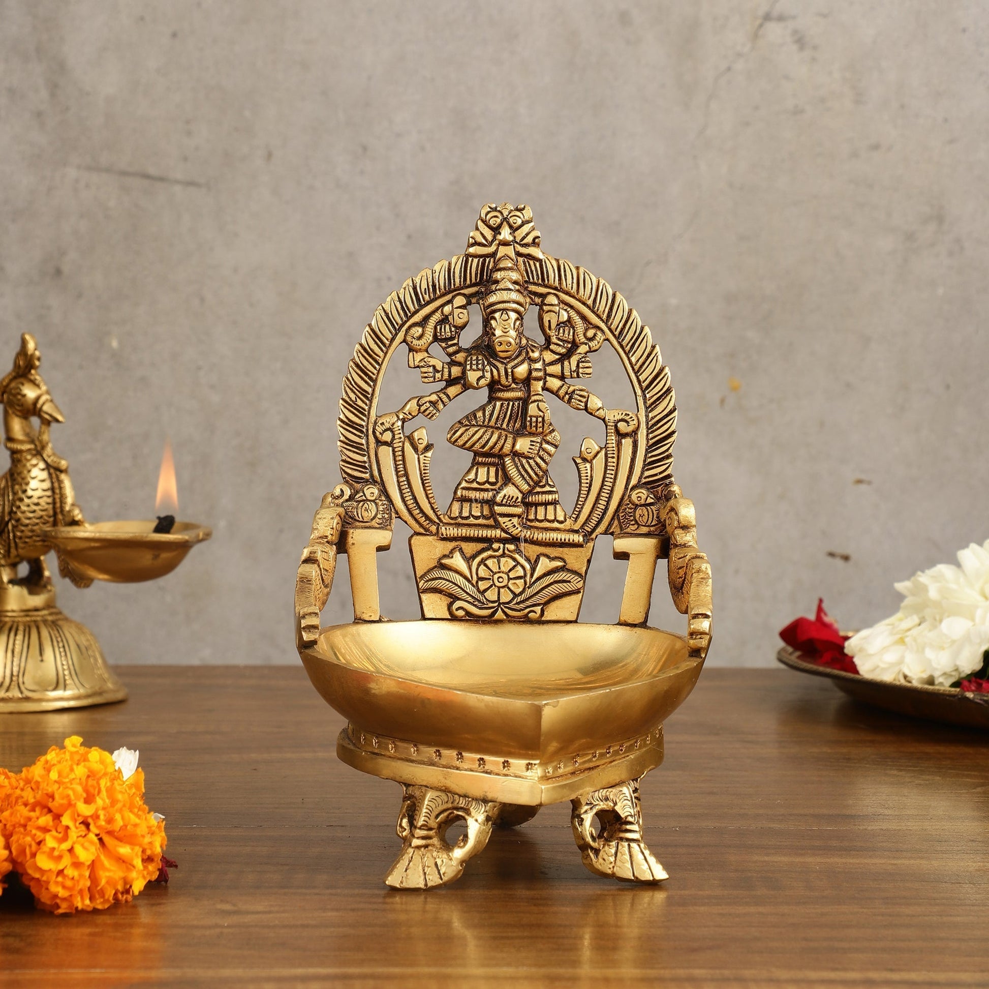 Superfine Brass Varahi Vilakku Oil Lamp Diya 7 inch - Sama Homes Idol - Brass Sculpture - Eco-friendly - Sama Homes