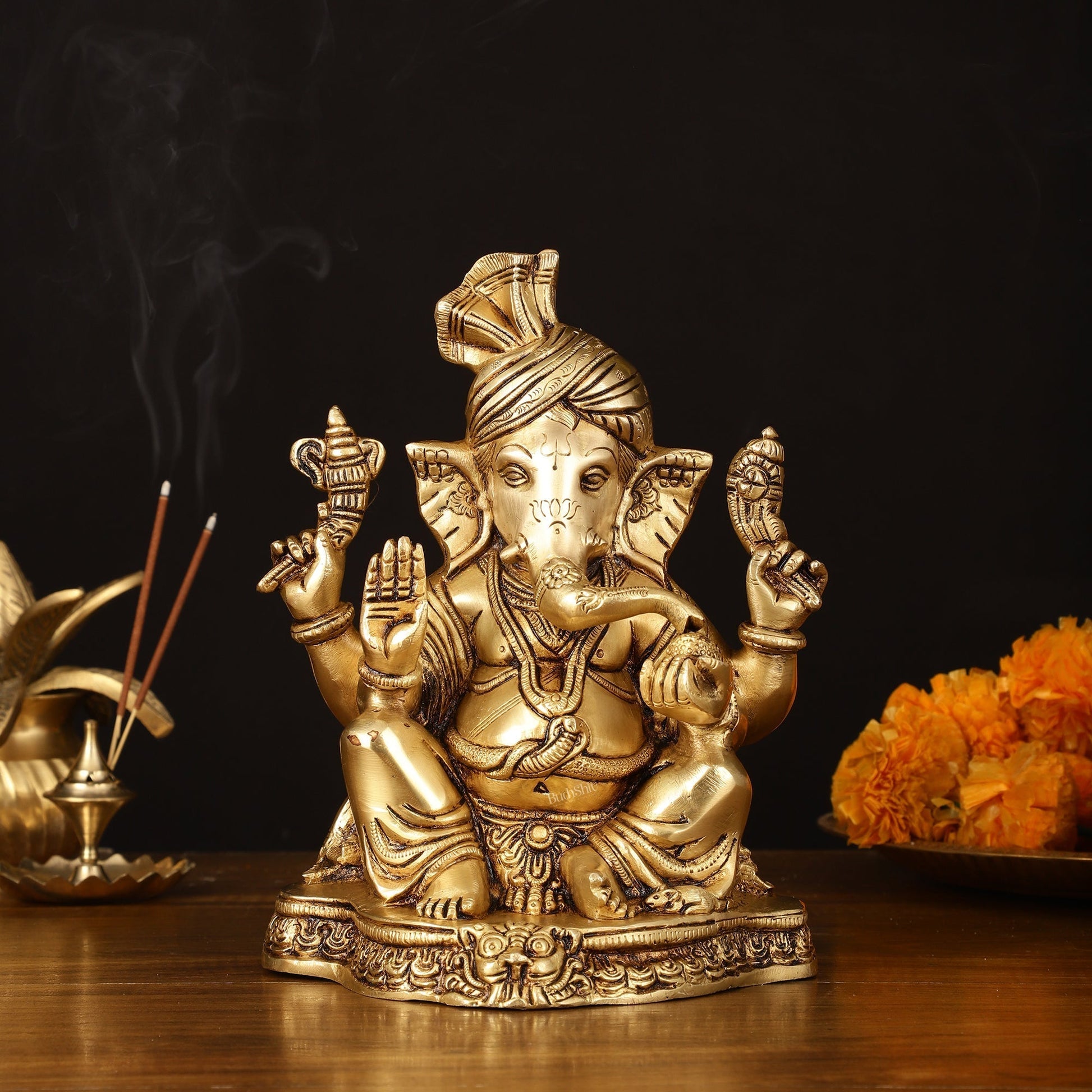 Brass Superfine Ganapati Wearing Turban Pagadi Idol - 8.5" Divine Sculpture | 100% Certified Copper & Brass - Sama Homes Idol - Brass Sculpture - Eco-friendly - Sama Homes