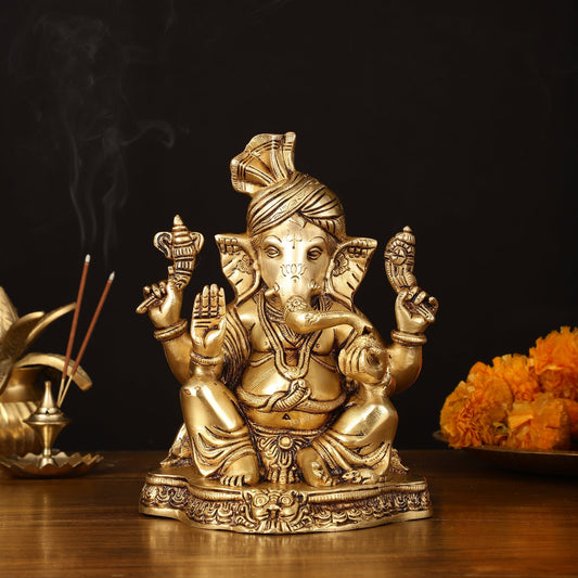 Brass Superfine Ganapati Wearing Turban Pagadi Idol - 8.5" Divine Sculpture | 100% Certified Copper & Brass - Sama Homes Idol - Brass Sculpture