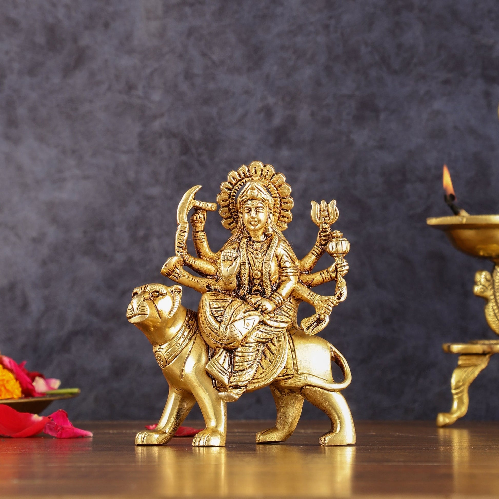 Brass Goddess Durga Seated on Tiger Idol - 5 Inch | 100% Certified Copper & Brass - Sama Homes Idol - Brass Sculpture - Eco-friendly - Sama Homes