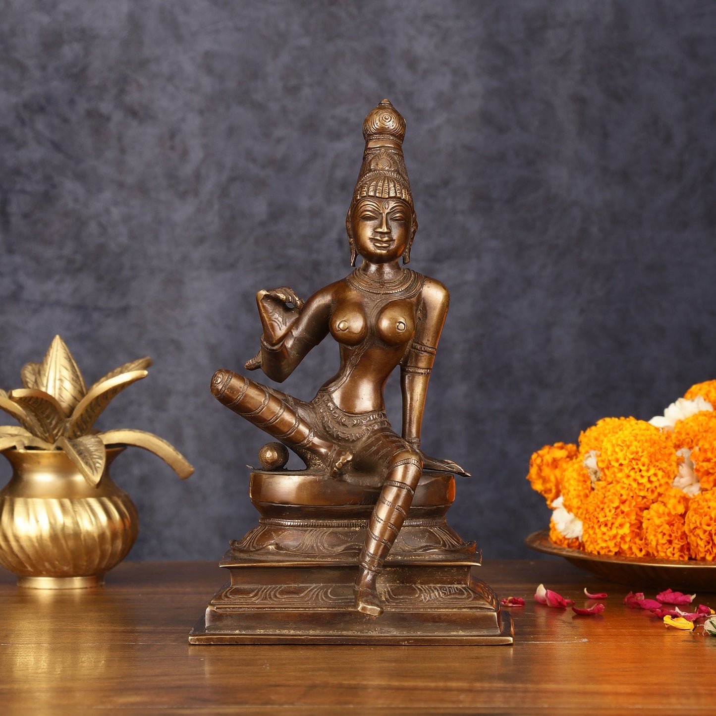 Elegant Bhoga Shakti Pure Brass Seated Parvati Idol – 9 Inch Height - Sama Homes Idol - Brass Sculpture