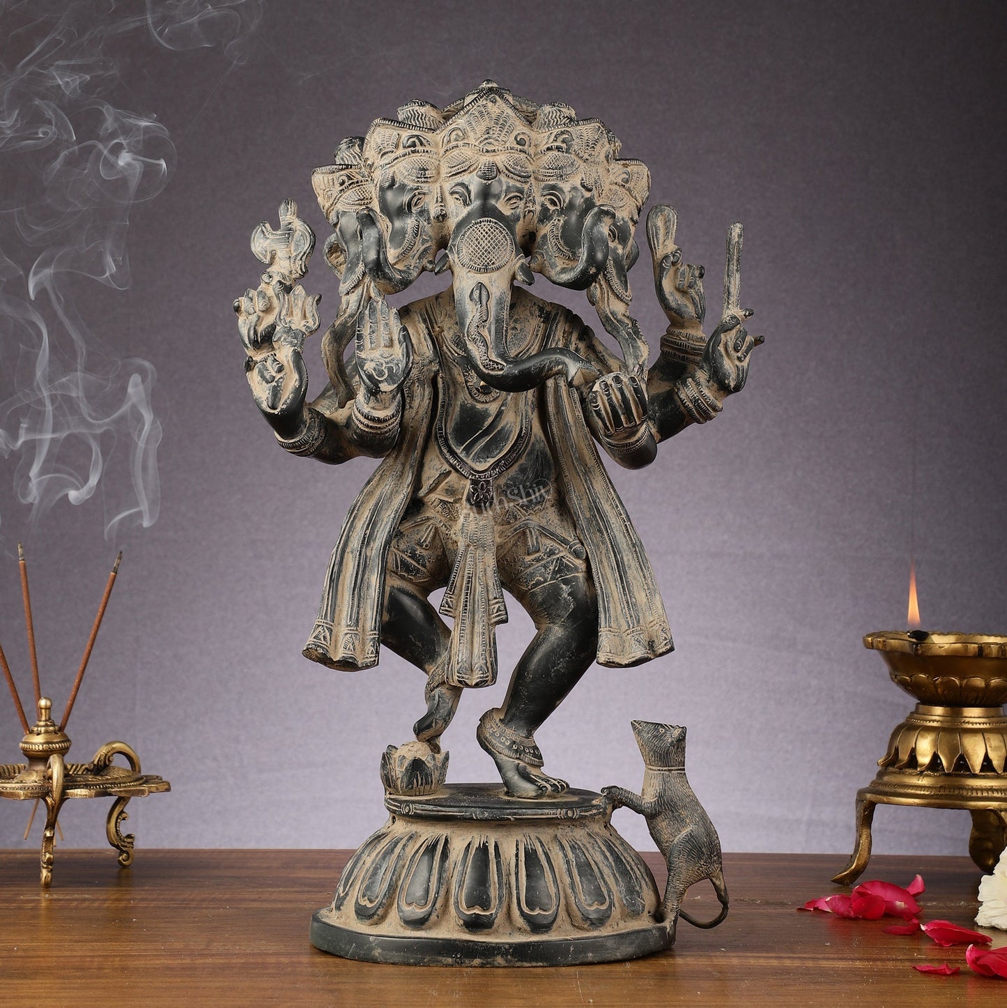 Brass Dancing Panchmukhi Ganesha Statue - 15 Inch Vintage sculpture | 100% Certified Copper & Brass - Sama Homes Idol - Brass Sculpture