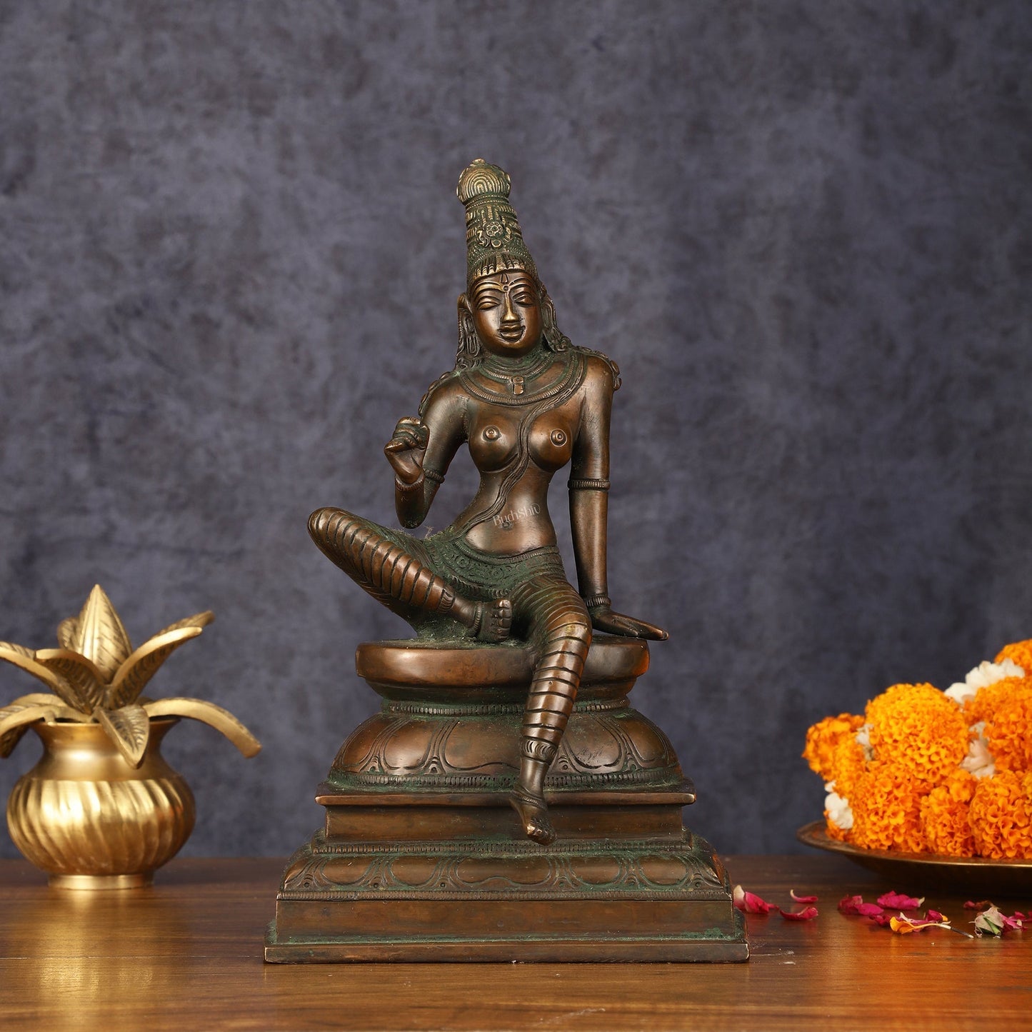 Pure Brass Superfine Seated Parvati Idol Bronze Finish - 11" Tall - Sama Homes Idol - Brass Sculpture