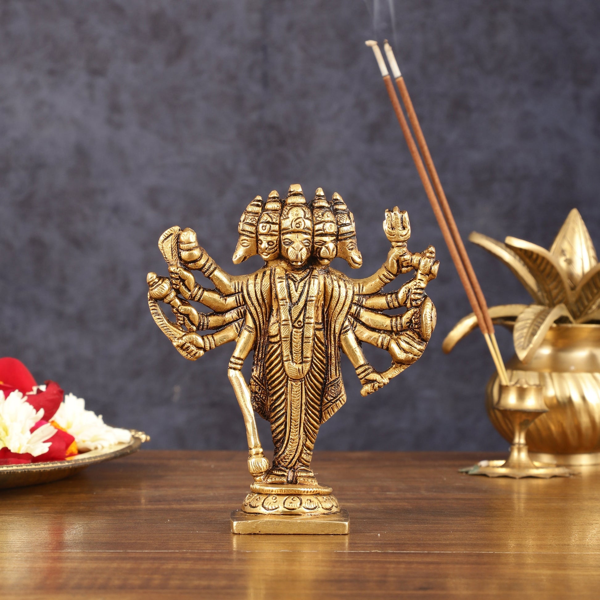 Pure Brass Small Standing Panchmukhi Hanuman Idol - 5.5" Height - Sama Homes Idol - Brass Sculpture - Eco-friendly - Sama Homes