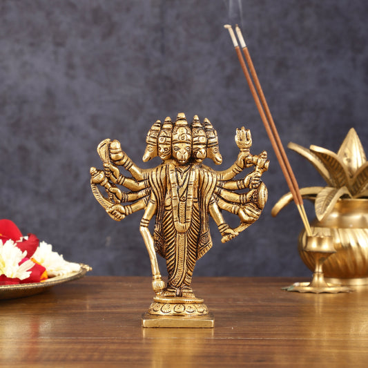 Pure Brass Small Standing Panchmukhi Hanuman Idol - 5.5" Height - Sama Homes Idol - Brass Sculpture