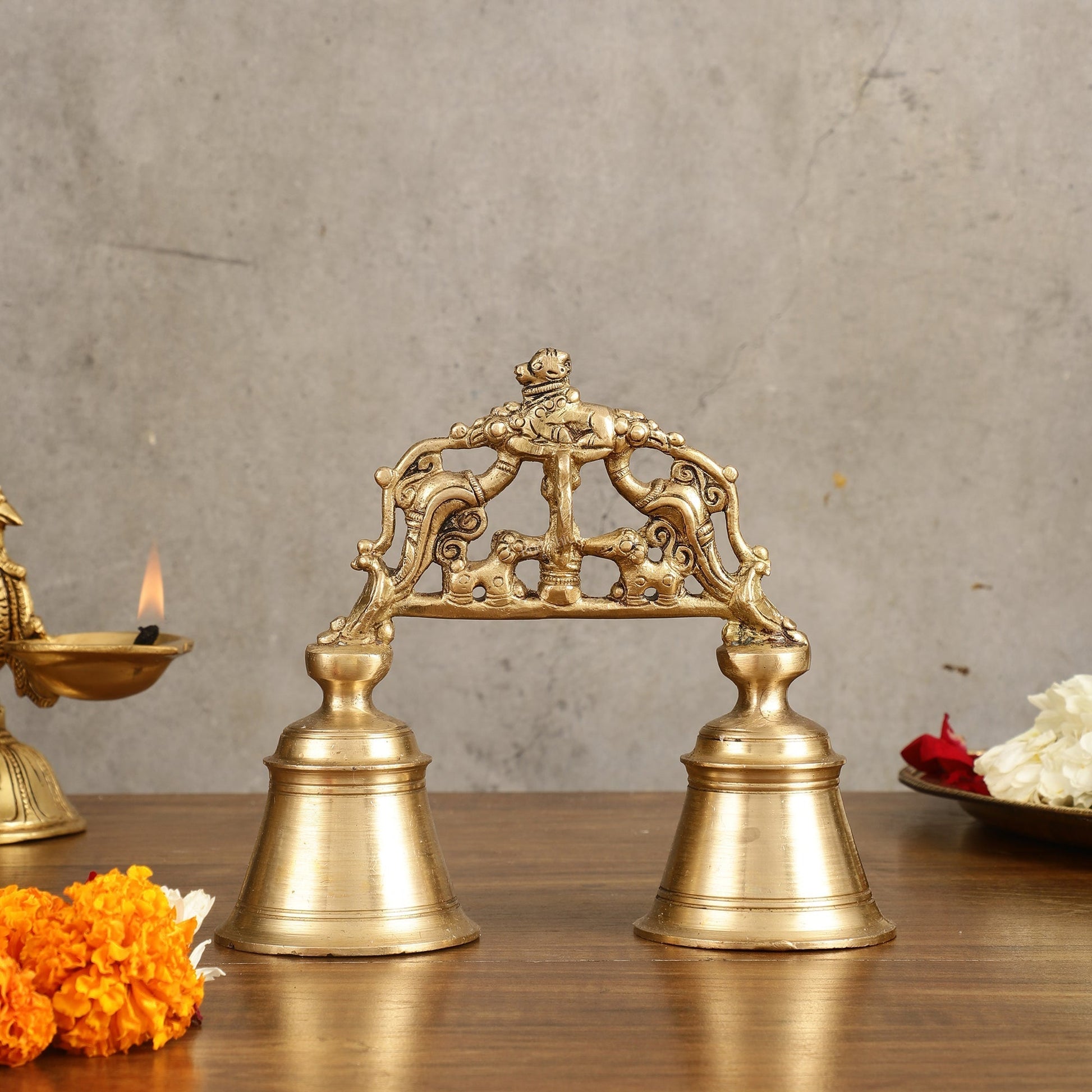 Pure Brass Double Handbell with Nandi Design - 6.5 Inch - Sama Homes Idol - Brass Sculpture - Eco-friendly - Sama Homes