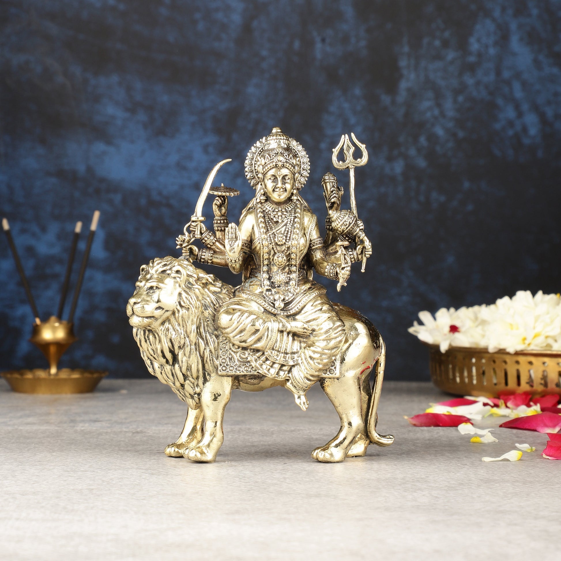 Intricate Lightweight Brass Goddess Durga Idol - 6-inch - Sama Homes Idol - Brass Sculpture - Eco-friendly - Sama Homes