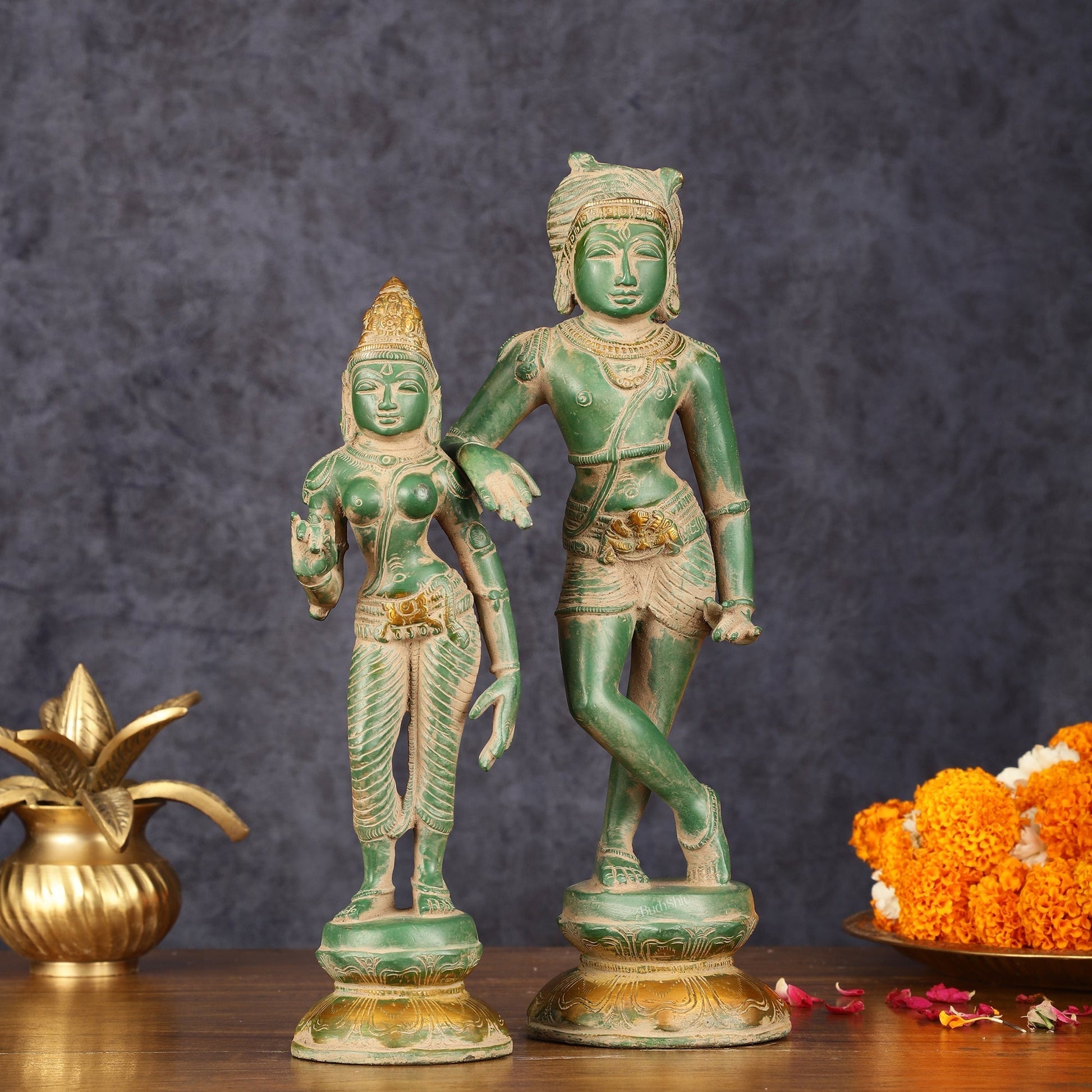 Pure Brass Vrishabhavahanamurti Shiva and Goddess Uma Parvati Statue Pair - Green Antique Patina Finish - Sama Homes Idol - Brass Sculpture - Eco-friendly - Sama Homes