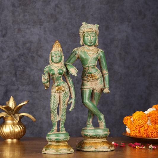 Pure Brass Vrishabhavahanamurti Shiva and Goddess Uma Parvati Statue Pair - Green Antique Patina Finish - Sama Homes Idol - Brass Sculpture