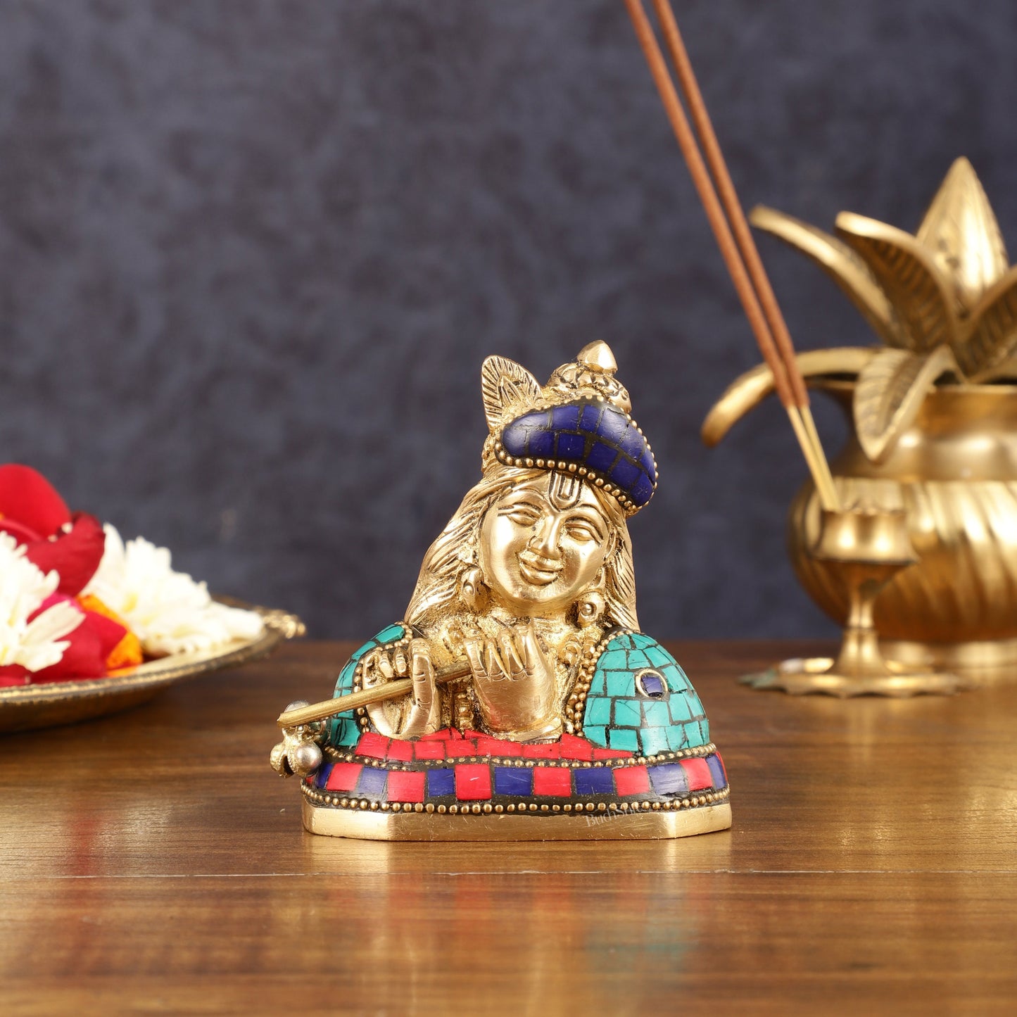 Brass Krishna Face Bust Showpiece - 3.5" Height | 100% Certified Copper & Brass - Sama Homes Idol - Brass Sculpture