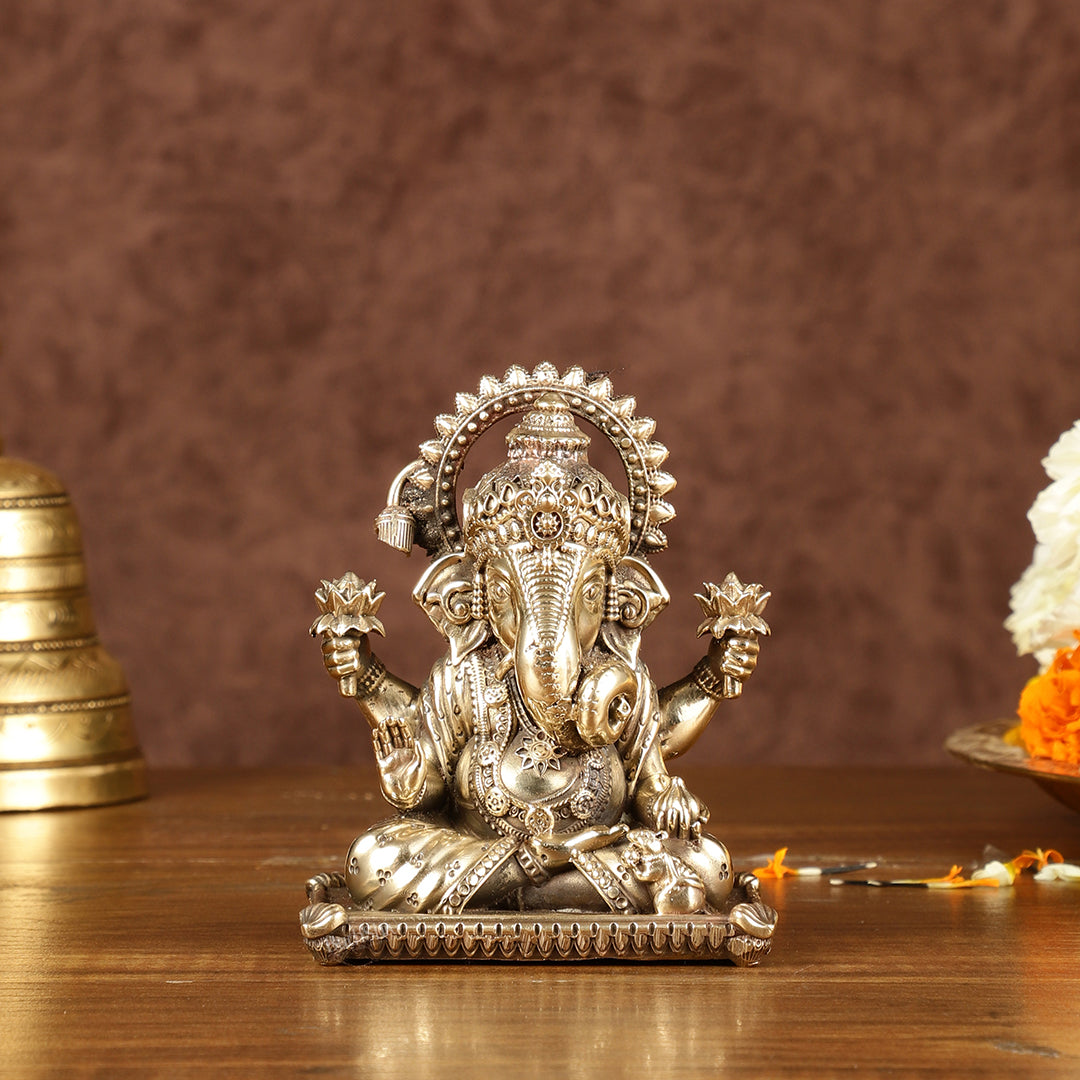 Pure Brass Dagduseth Ganapati Idol | Intricately Carved | Height 4 inch - Sama Homes Idol - Brass Sculpture - Eco-friendly - Sama Homes