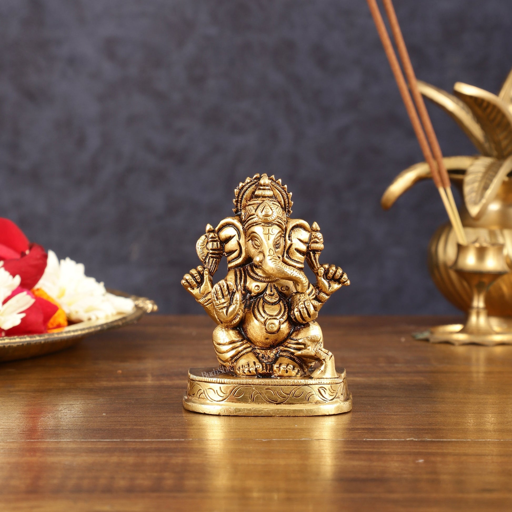 Brass Small Lord Ganesha Superfine Idol - 3" Height | 100% Certified Copper & Brass - Sama Homes Idol - Brass Sculpture - Eco-friendly - Sama Homes