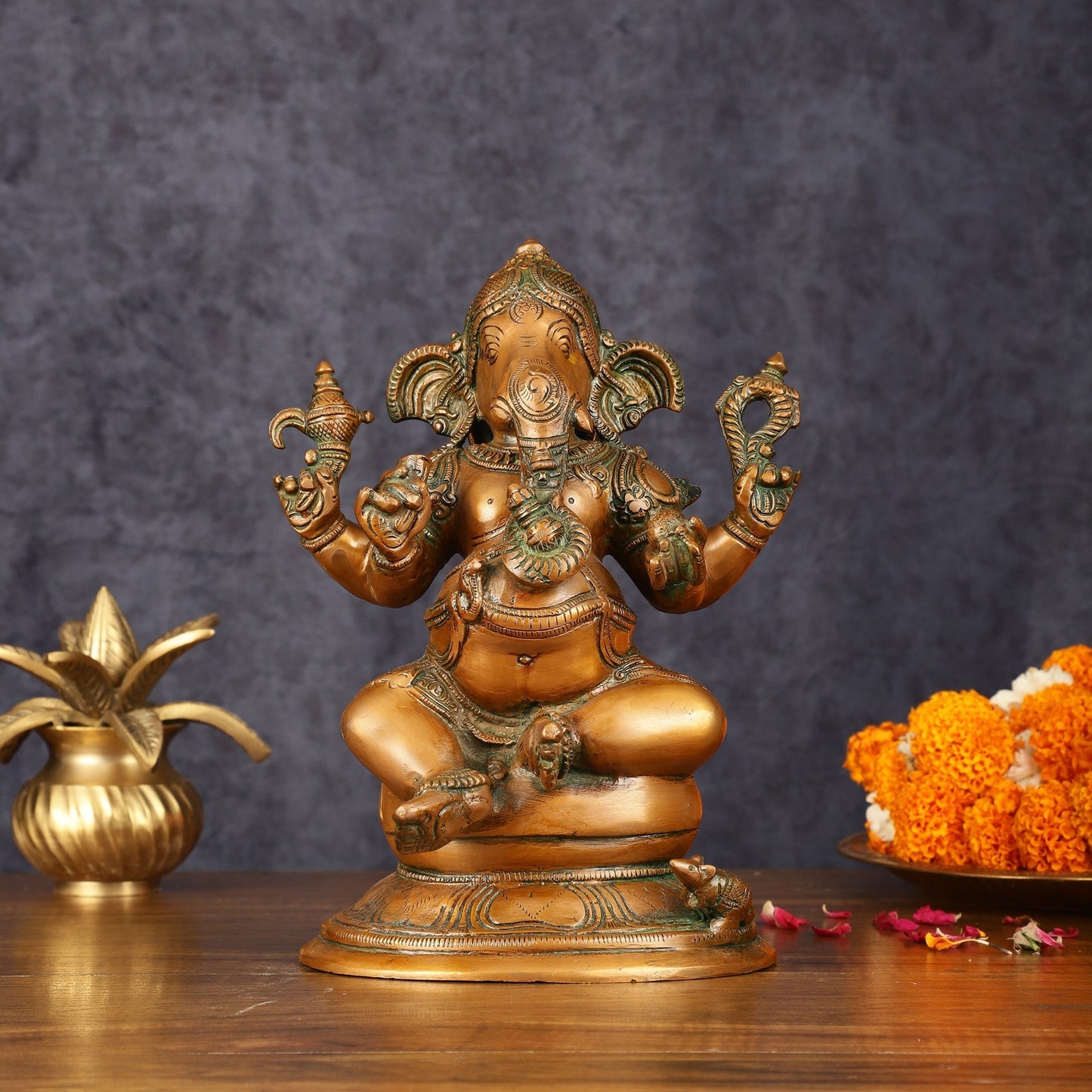 Pure Brass Chola Ganesha Statue - Antique Bronze Finish, 12" - Sama Homes Idol - Brass Sculpture