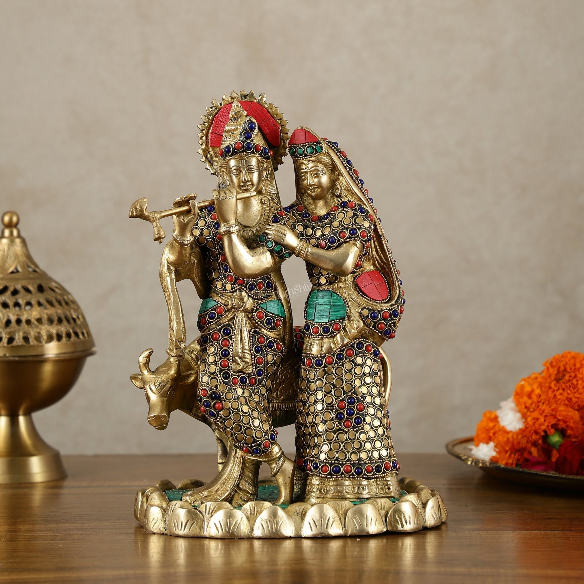 Brass Radha Krishna with cow idol 10 inch | 100% Certified Copper & Brass - Sama Homes Idol - Brass Sculpture - Eco-friendly - Sama Homes