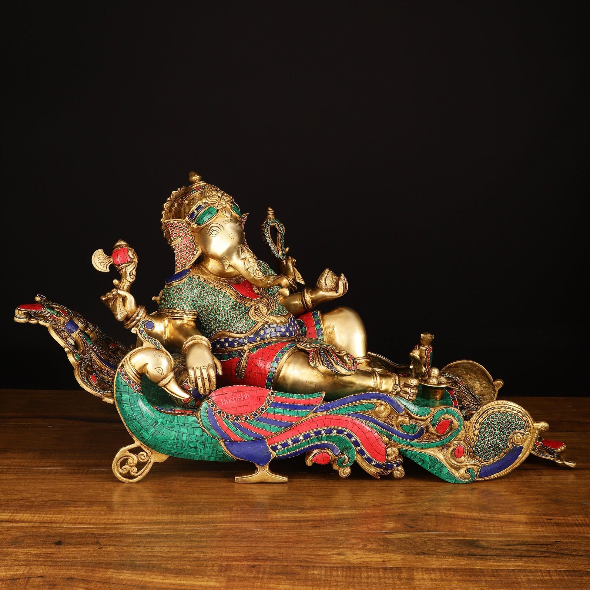 Large Brass Ganesha Resting on Peacock Bed with Stonework, 33" wide - Sama Homes Idol - Brass Sculpture - Eco-friendly - Sama Homes