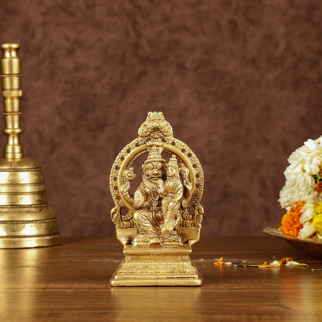 Divine Pure Brass Narasimha Lakshmi with Back Frame Idol | Height: 4.5 inch - Sama Homes Idol - Brass Sculpture - Eco-friendly - Sama Homes