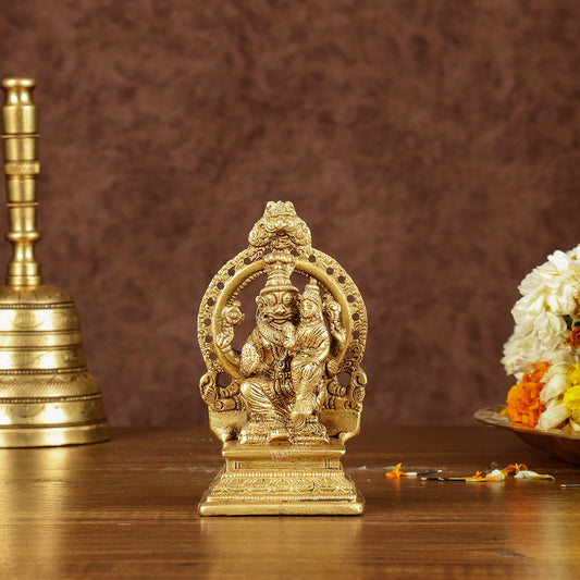 Divine Pure Brass Narasimha Lakshmi with Back Frame Idol | Height: 4.5 inch - Sama Homes Idol - Brass Sculpture