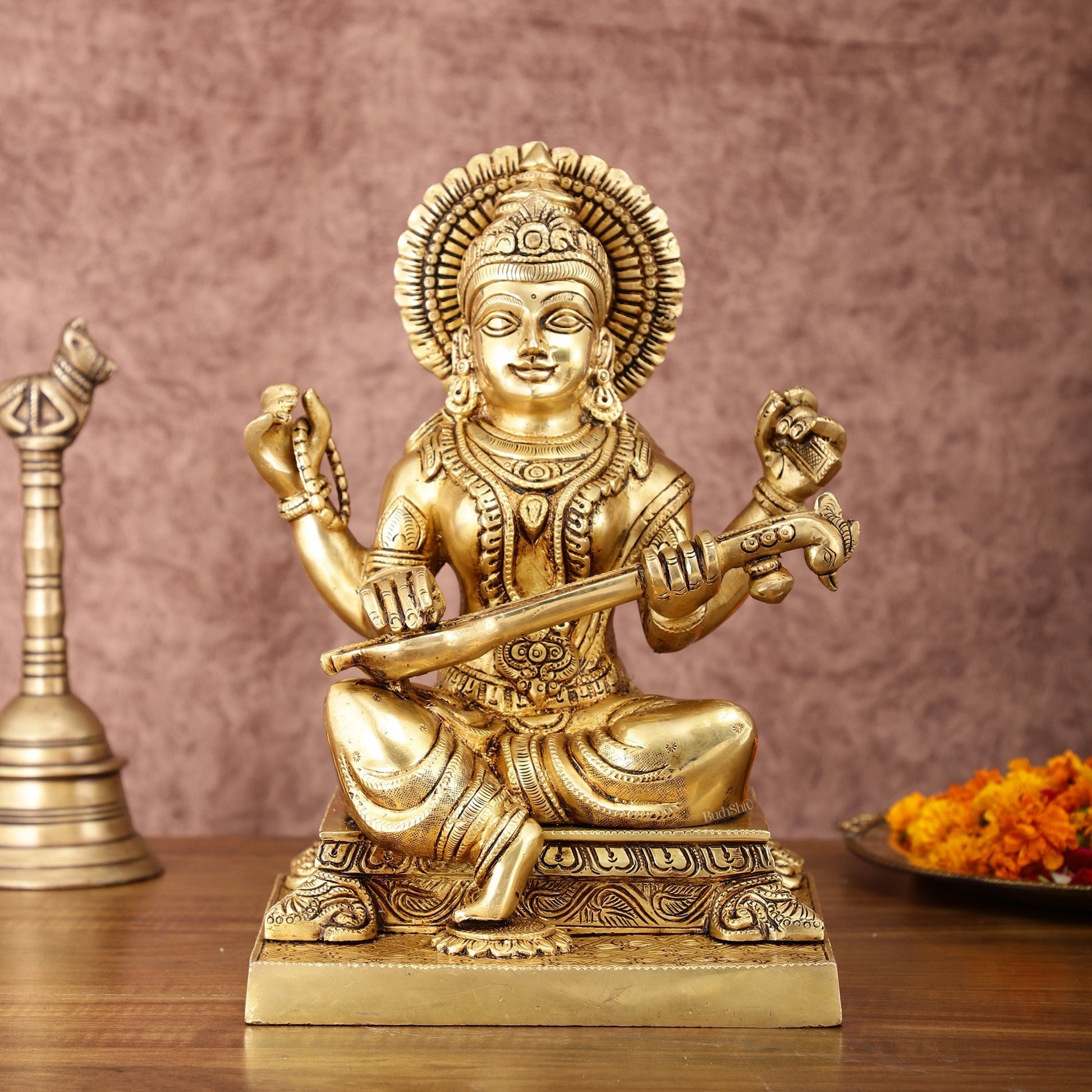 Pure Brass Goddess Saraswati Statue 12 Inches | Symbol of Wisdom and Art - Sama Homes Idol - Brass Sculpture - Eco-friendly - Sama Homes