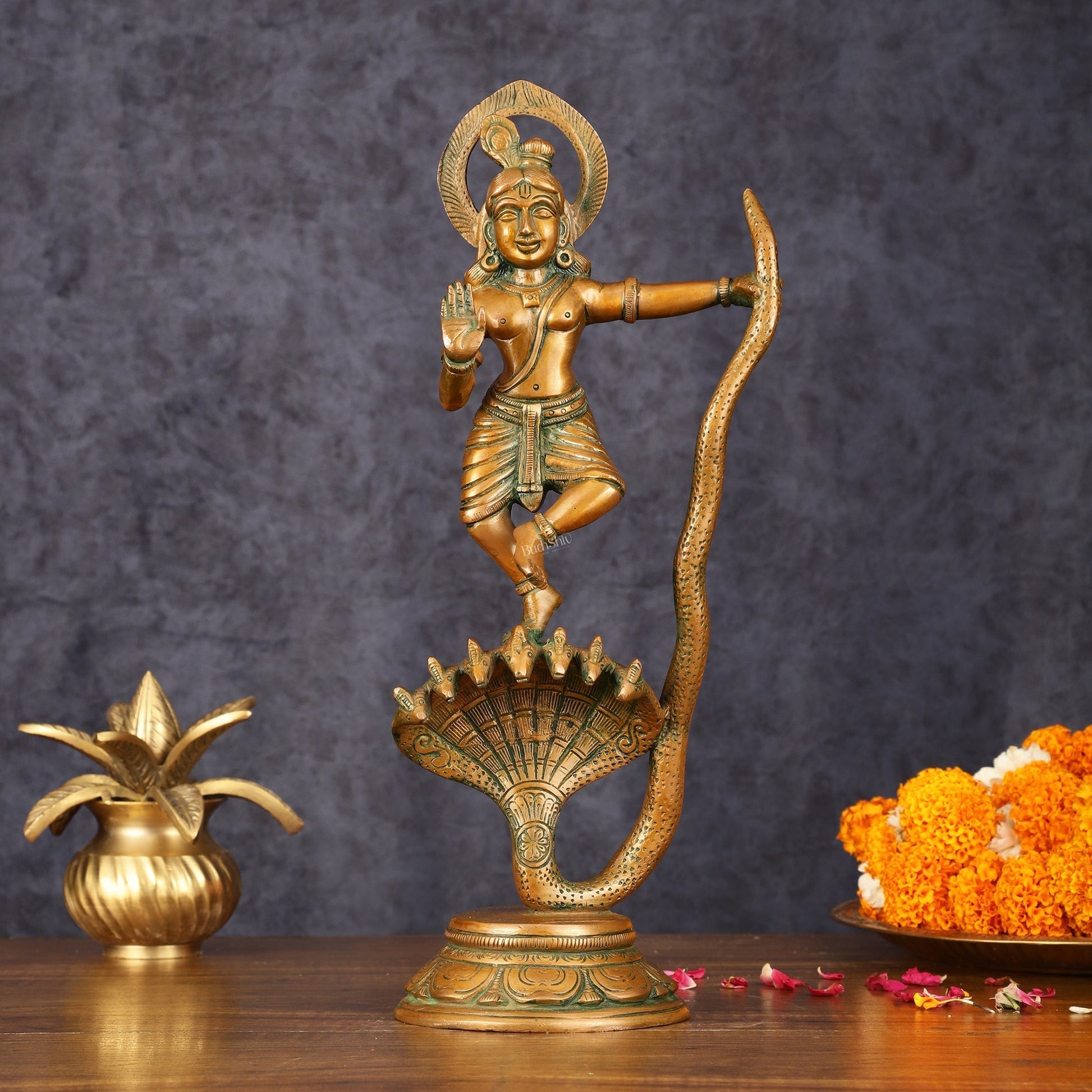 Brass Krishna Dancing on Kaliya Naag Idol - 13.20" Antique Bronze Finish | 100% Certified Copper & Brass - Sama Homes Idol - Brass Sculpture - Eco-friendly - Sama Homes