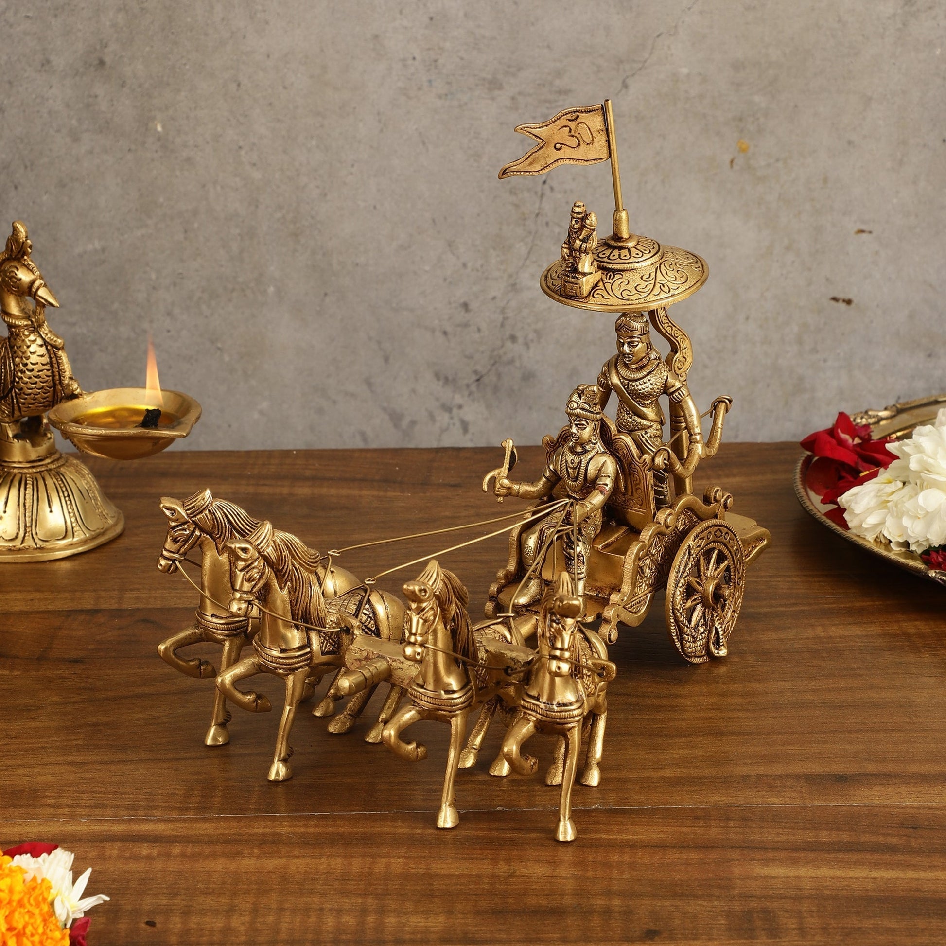 9.5 Inch Brass Geeta Updesh Krishna and Arjun Rath Idol | 100% Certified Copper & Brass - Sama Homes Idol - Brass Sculpture - Eco-friendly - Sama Homes