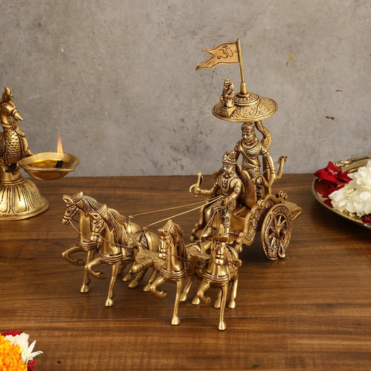 9.5 Inch Brass Geeta Updesh Krishna and Arjun Rath Idol | 100% Certified Copper & Brass - Sama Homes Idol - Brass Sculpture