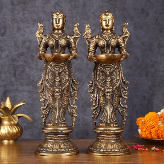 Pure Brass Handcrafted Deep Lakshmi Antique Pavaai Vilakku Pair - 12" Tall - Sama Homes Idol - Brass Sculpture