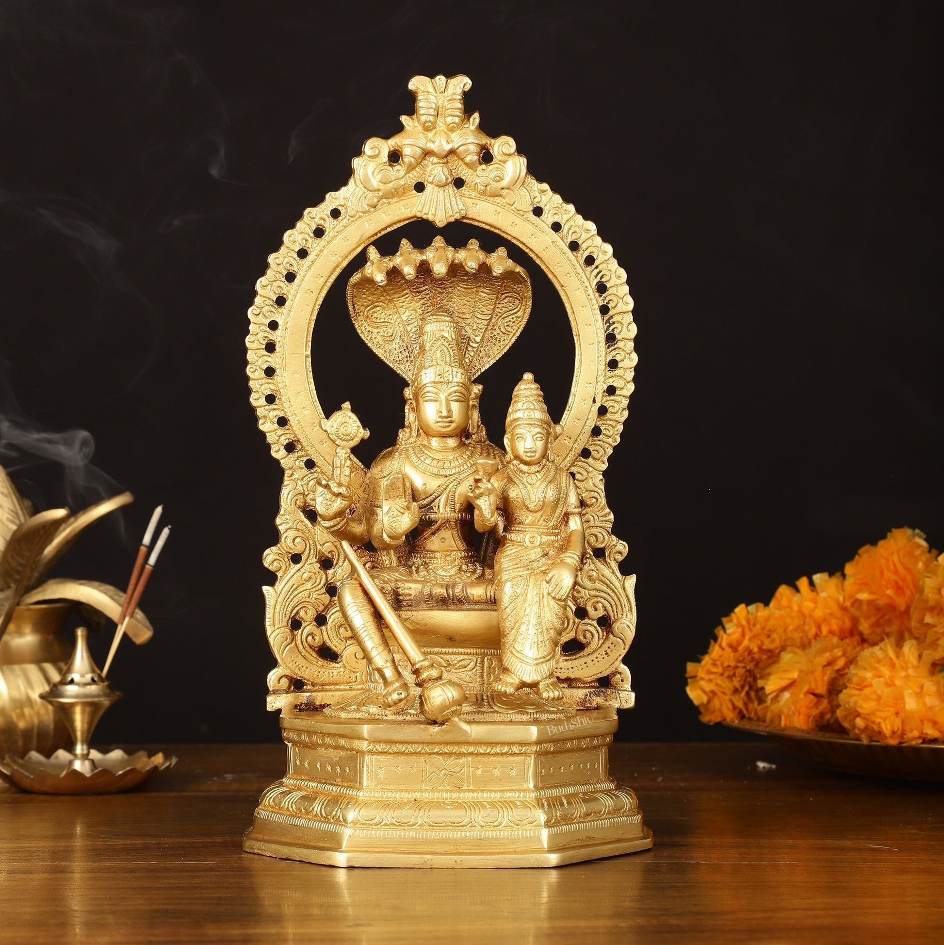 Pure Brass Vishnu Lakshmi Idol Seated on a throne with Sheshanaaga - 10" Divine Sculpture - Sama Homes Idol - Brass Sculpture - Eco-friendly - Sama Homes