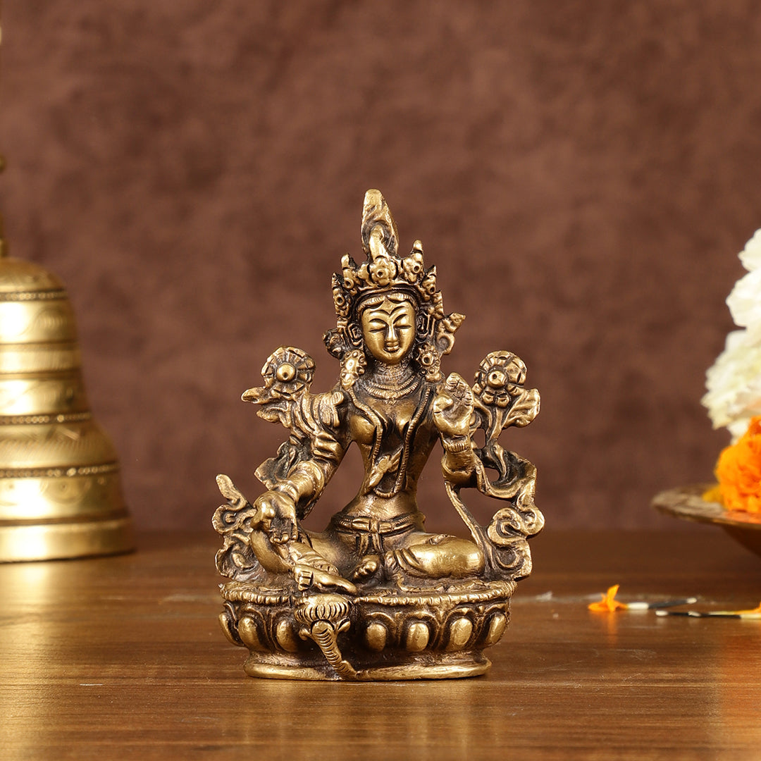 Brass Green tara devi statue 3" antique tone | 100% Certified Copper & Brass - Sama Homes Idol - Brass Sculpture - Eco-friendly - Sama Homes