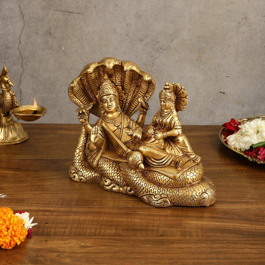 Pure Brass Vishnu Lakshmi Narayan Resting on Sheshanaaga Idol - 7 Inch - Sama Homes Idol - Brass Sculpture