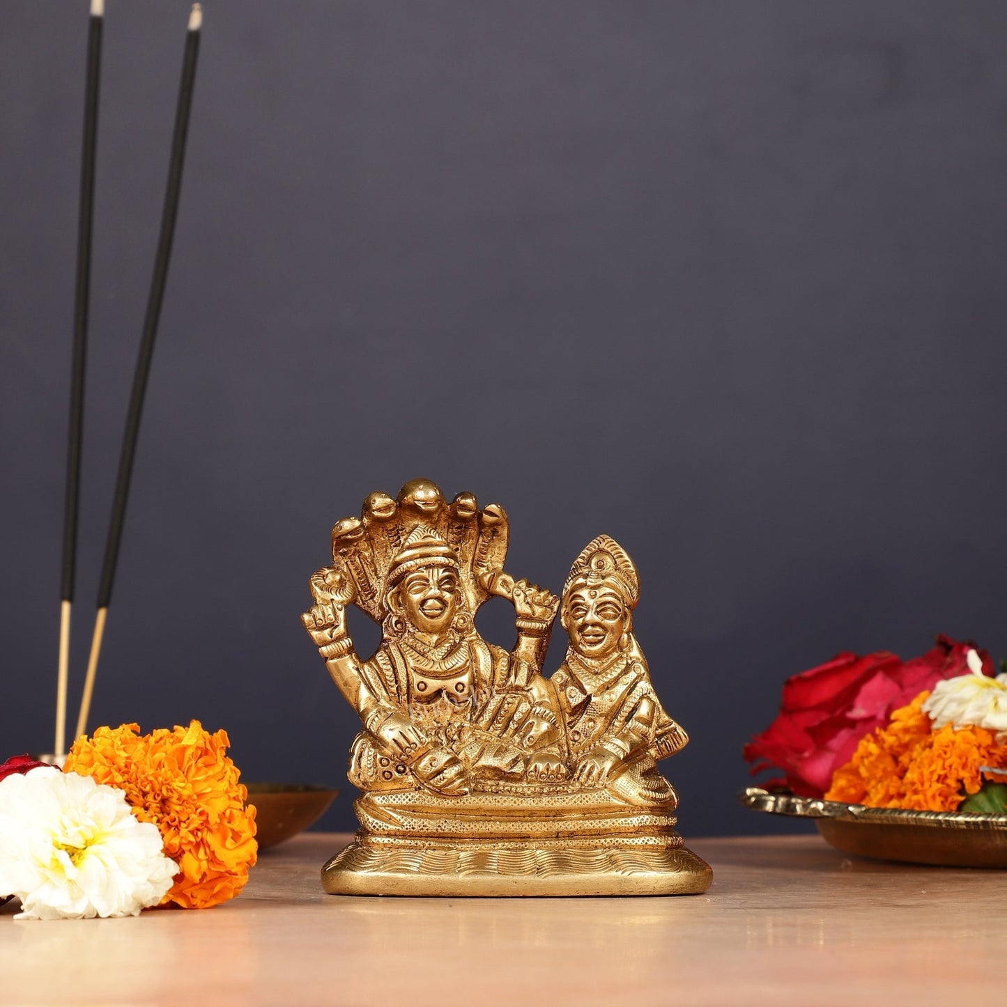Brass Small Lakshmi Narayan Resting on Sheshanaaga Idol | 3" | 100% Certified Copper & Brass - Sama Homes Idol - Brass Sculpture
