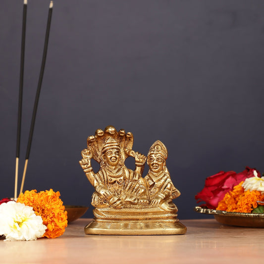 Brass Small Lakshmi Narayan Resting on Sheshanaaga Idol | 3" | 100% Certified Copper & Brass - Sama Homes Idol - Brass Sculpture