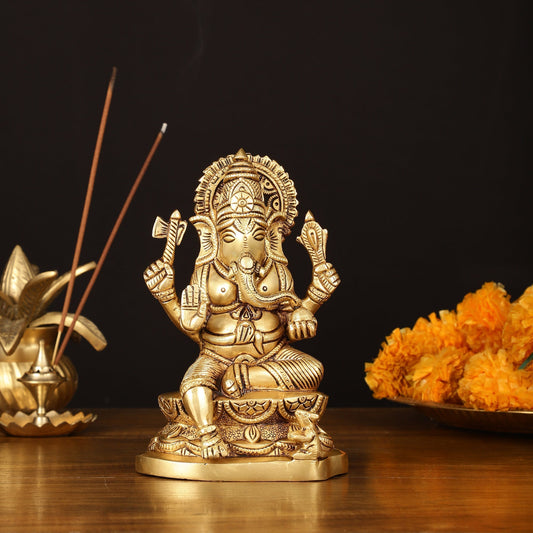 Brass Superfine Ganesha Idol - 7" Elegant Sculpture | 100% Certified Copper & Brass - Sama Homes Idol - Brass Sculpture