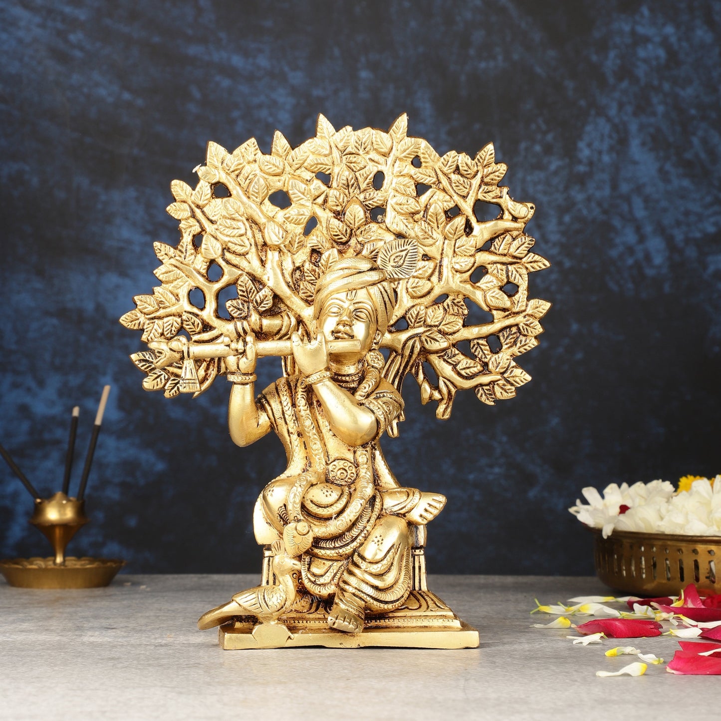 Pure Brass Handcrafted Lord Krishna Sitting with Kalpavriksha Tree Idol | 8" - Sama Homes Idol - Brass Sculpture