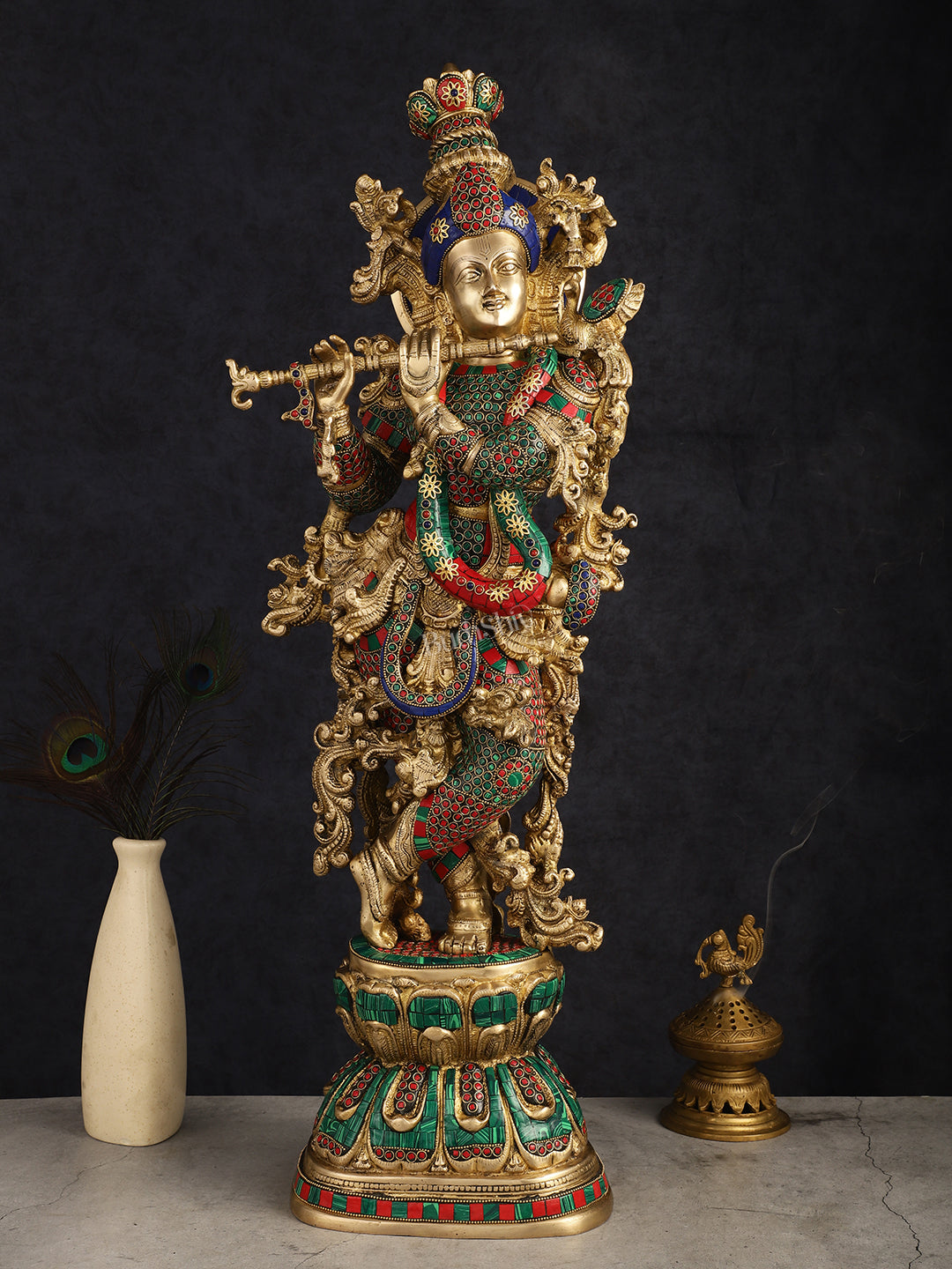 Brass Lord Krishna statue 30 inch multicolour | 100% Certified Copper & Brass - Sama Homes Idol - Brass Sculpture - Eco-friendly - Sama Homes