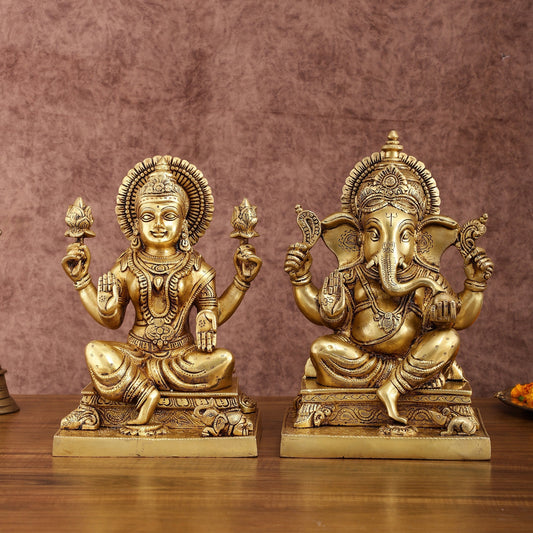 Pure Brass Ganesha Lakshmi Statue Set | Divine Duo 12 Inches - Sama Homes Idol - Brass Sculpture