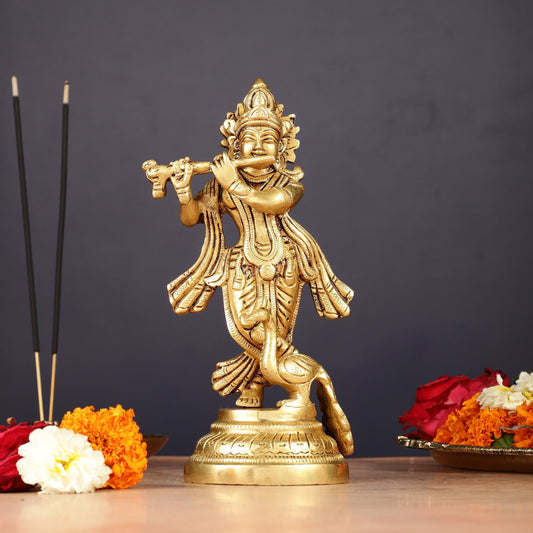 Pure Brass Lord Krishna with Peacock Idol 7" - Sama Homes Idol - Brass Sculpture