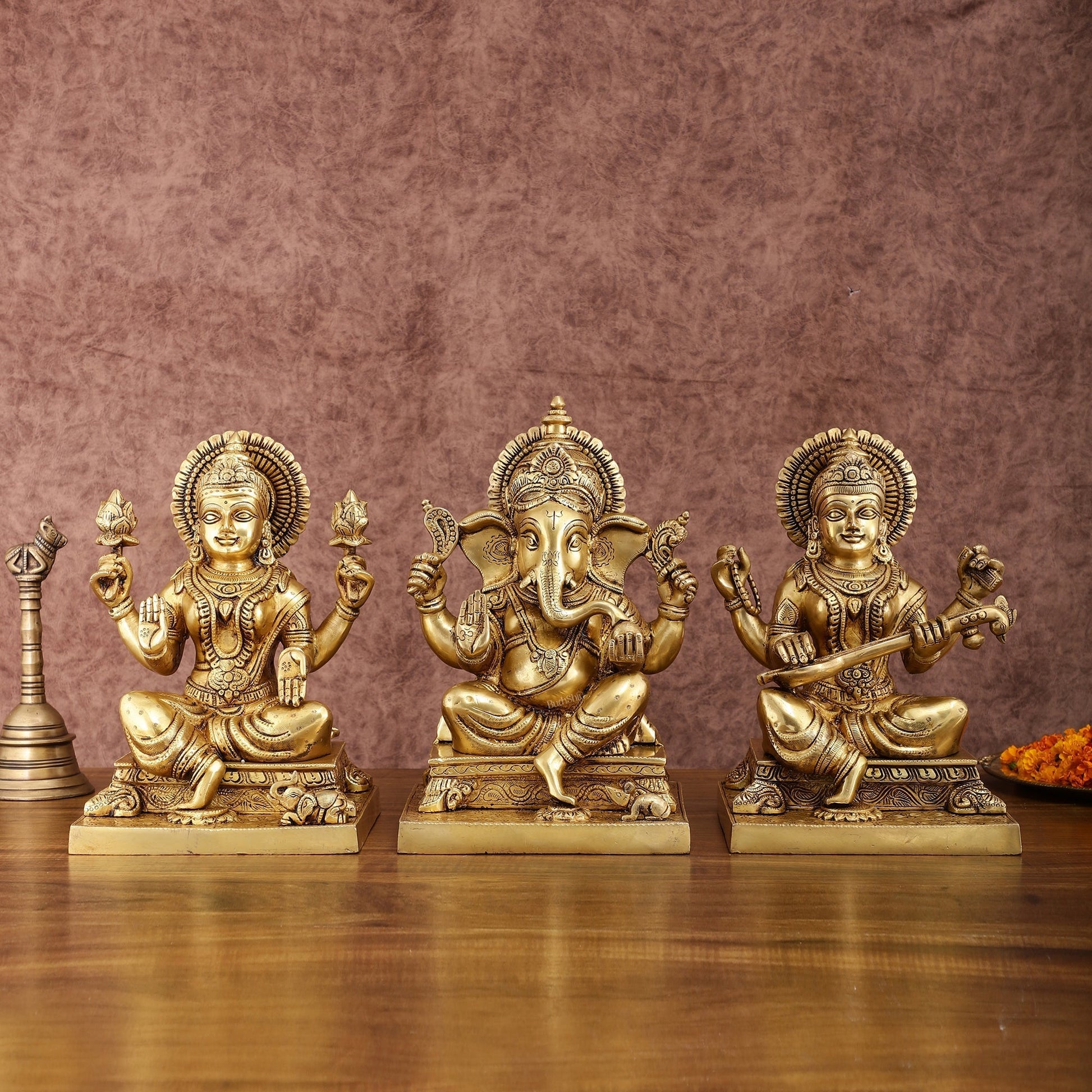 Pure Brass Ganesh Lakshmi Saraswati Statue Set | Divine Trio 12 Inches - Sama Homes Idol - Brass Sculpture - Eco-friendly - Sama Homes