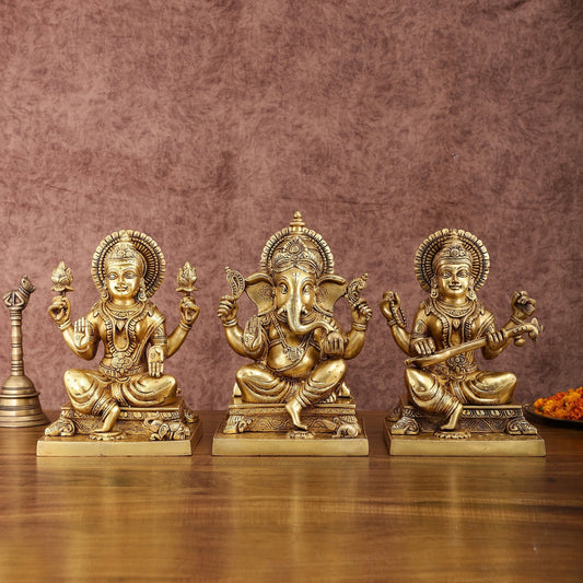 Pure Brass Ganesh Lakshmi Saraswati Statue Set | Divine Trio 12 Inches - Sama Homes Idol - Brass Sculpture