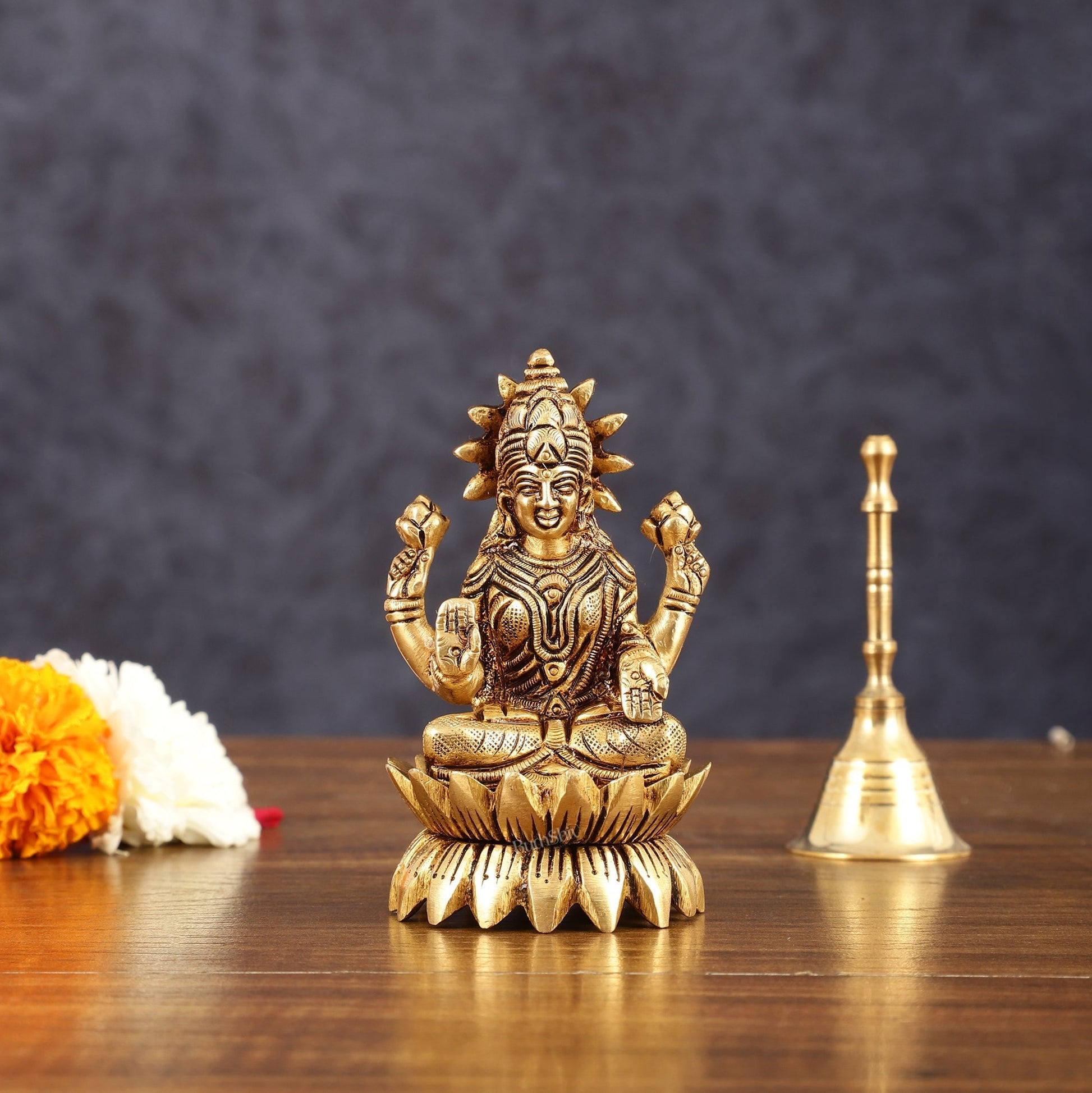 Pure Brass Lotus Lakshmi Superfine Idol - 4" Height - Sama Homes Idol - Brass Sculpture - Eco-friendly - Sama Homes