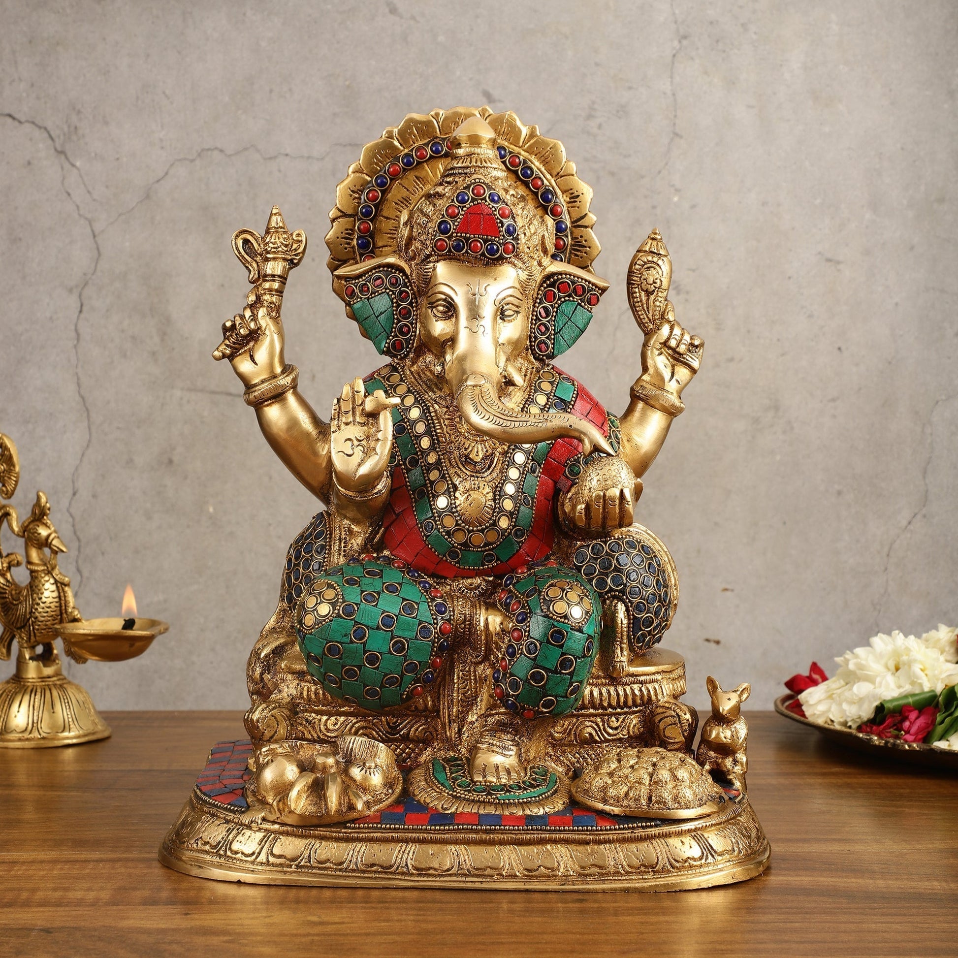 Ganapati Superfine Brass Idol with Spectacular Stonework - 13 Inch - Sama Homes Idol - Brass Sculpture - Eco-friendly - Sama Homes