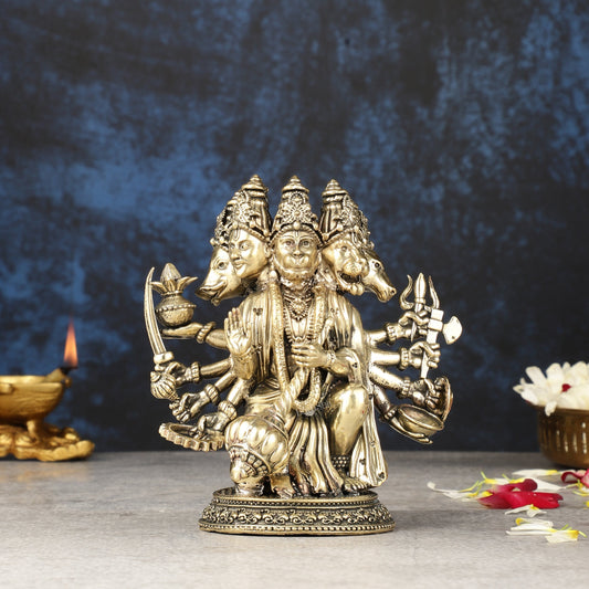 Intricately Handcrafted Brass Powerful Panchmukhi Hanuman Idol - 5.5-inch - Sama Homes Idol - Brass Sculpture