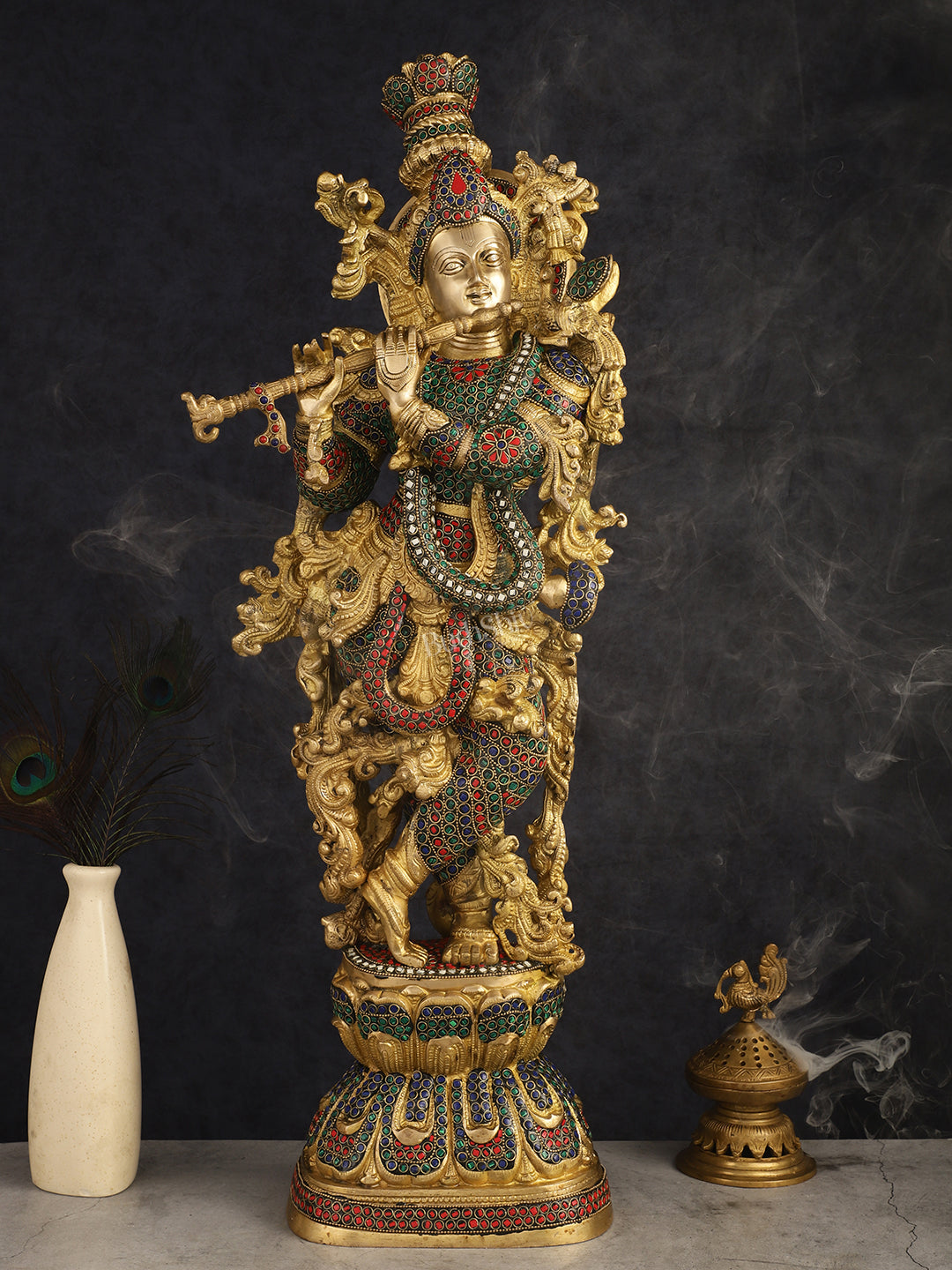 Brass Krishna Idol 30 inch multicolour | 100% Certified Copper & Brass - Sama Homes Idol - Brass Sculpture - Eco-friendly - Sama Homes