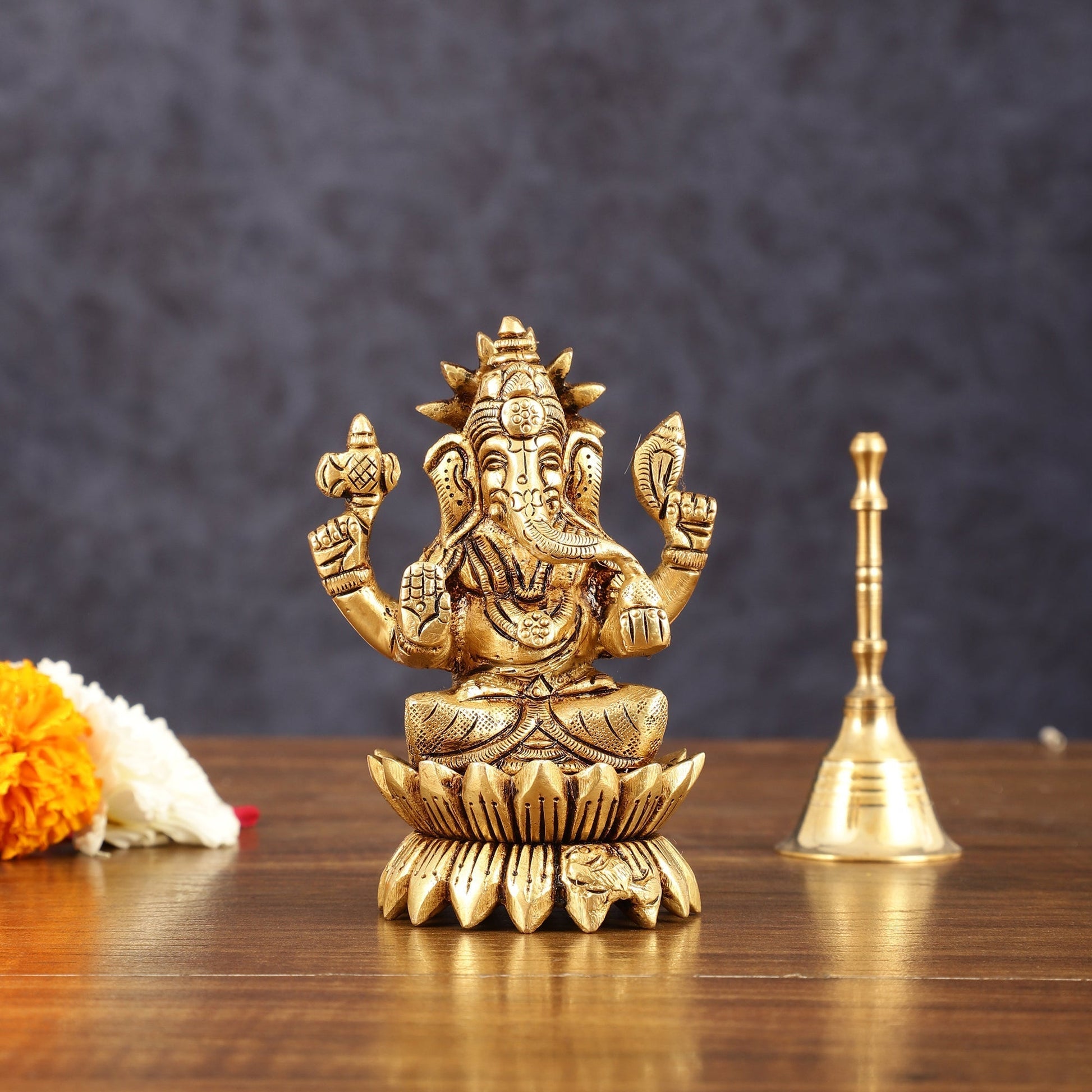 Pure Brass Lotus Ganesha Superfine Idol - 4" Height - Sama Homes Idol - Brass Sculpture - Eco-friendly - Sama Homes