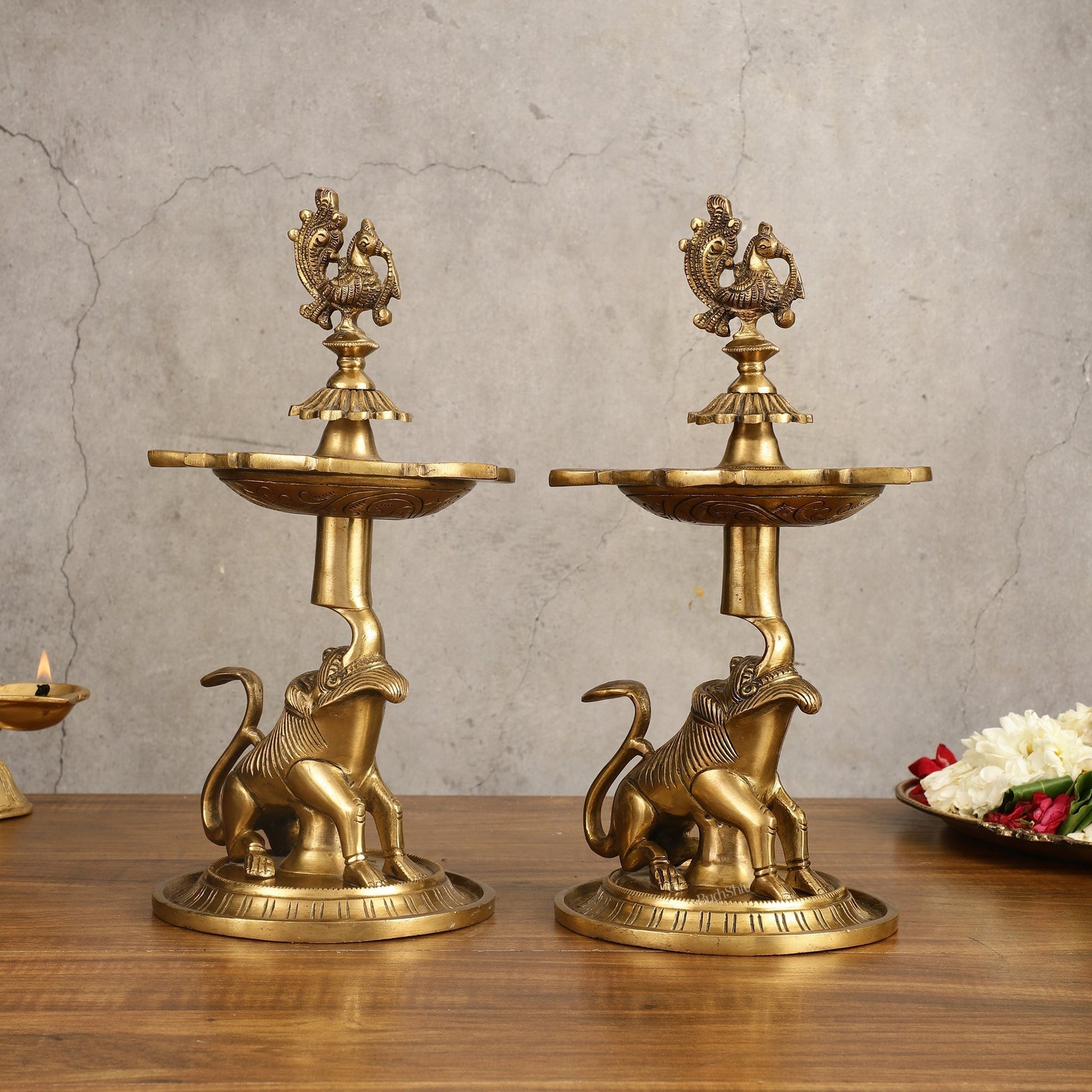 Brass Yali Peacock Lamp 12 " - Eco-friendly - Sama Homes