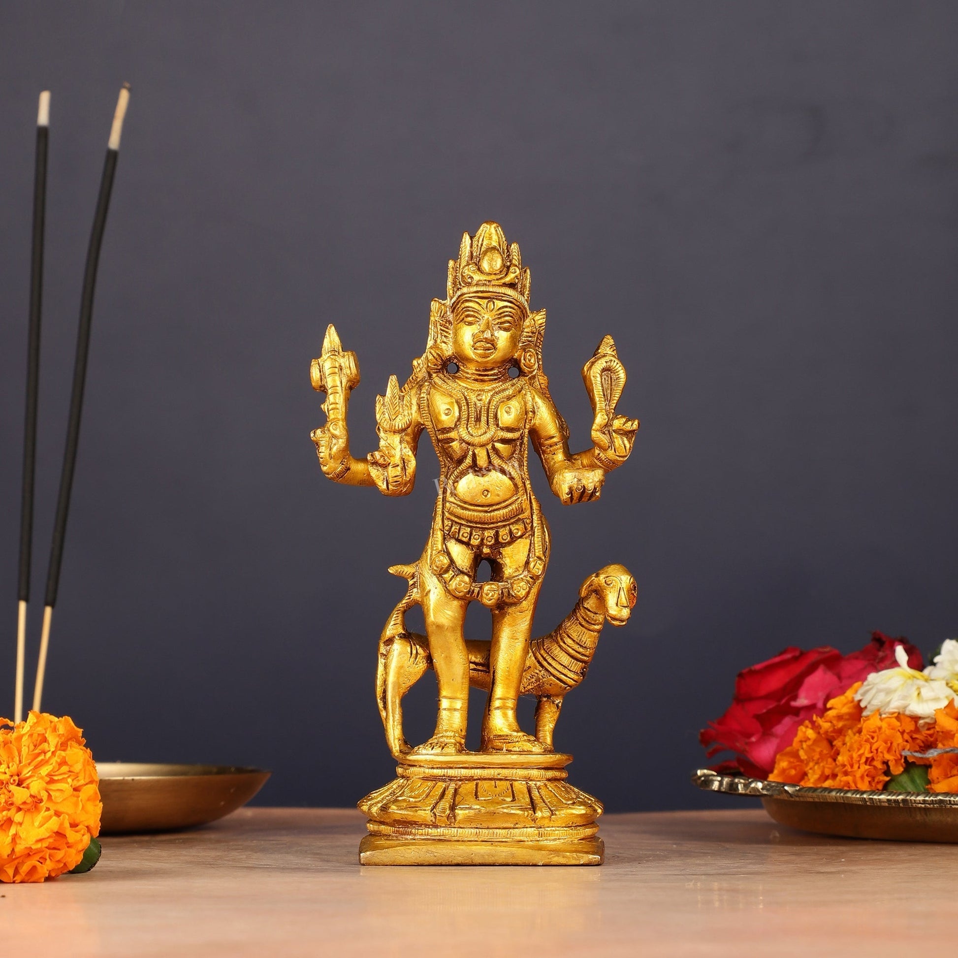 Pure Brass Kaal Bhairav Bhairo Baba with Dog Idol 5" - Sama Homes Idol - Brass Sculpture - Eco-friendly - Sama Homes
